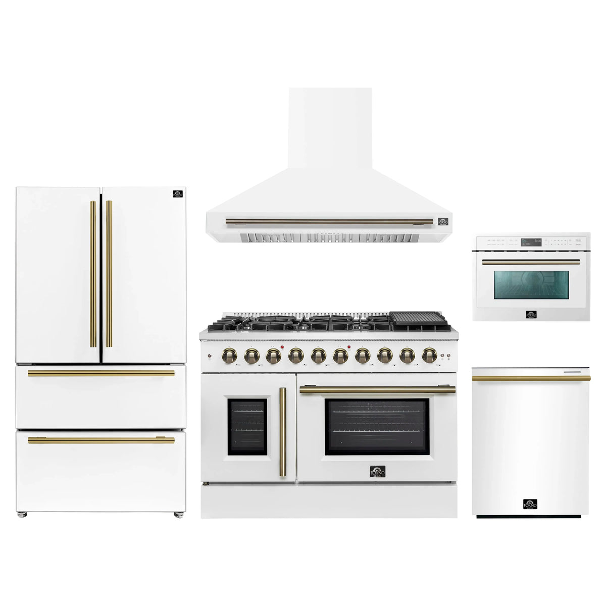 Forno 5-Piece Appliance Package - 48-inch Gas Range, Hood, Refrigerator, Dishwasher and 24-Inch Microwave Oven in White with Antique Brass Trim