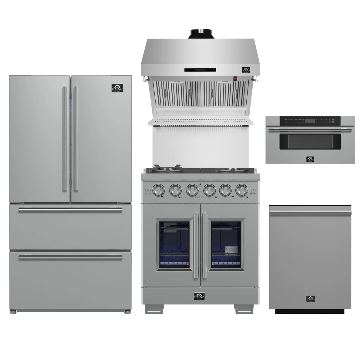 Forno 5-Piece Pro Appliance Package - 30-Inch Gas Range, Refrigerator, Wall Mount Hood with Backsplash, 30-Inch Microwave Drawer, & 3-Rack Dishwasher in Stainless Steel