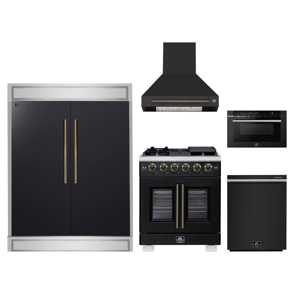 Forno 5-Piece Appliance Package - 30-inch Gas Range, Hood, Refrigerator, Dishwasher and 24-Inch Microwave Drawer in Black with Antique Brass Trim