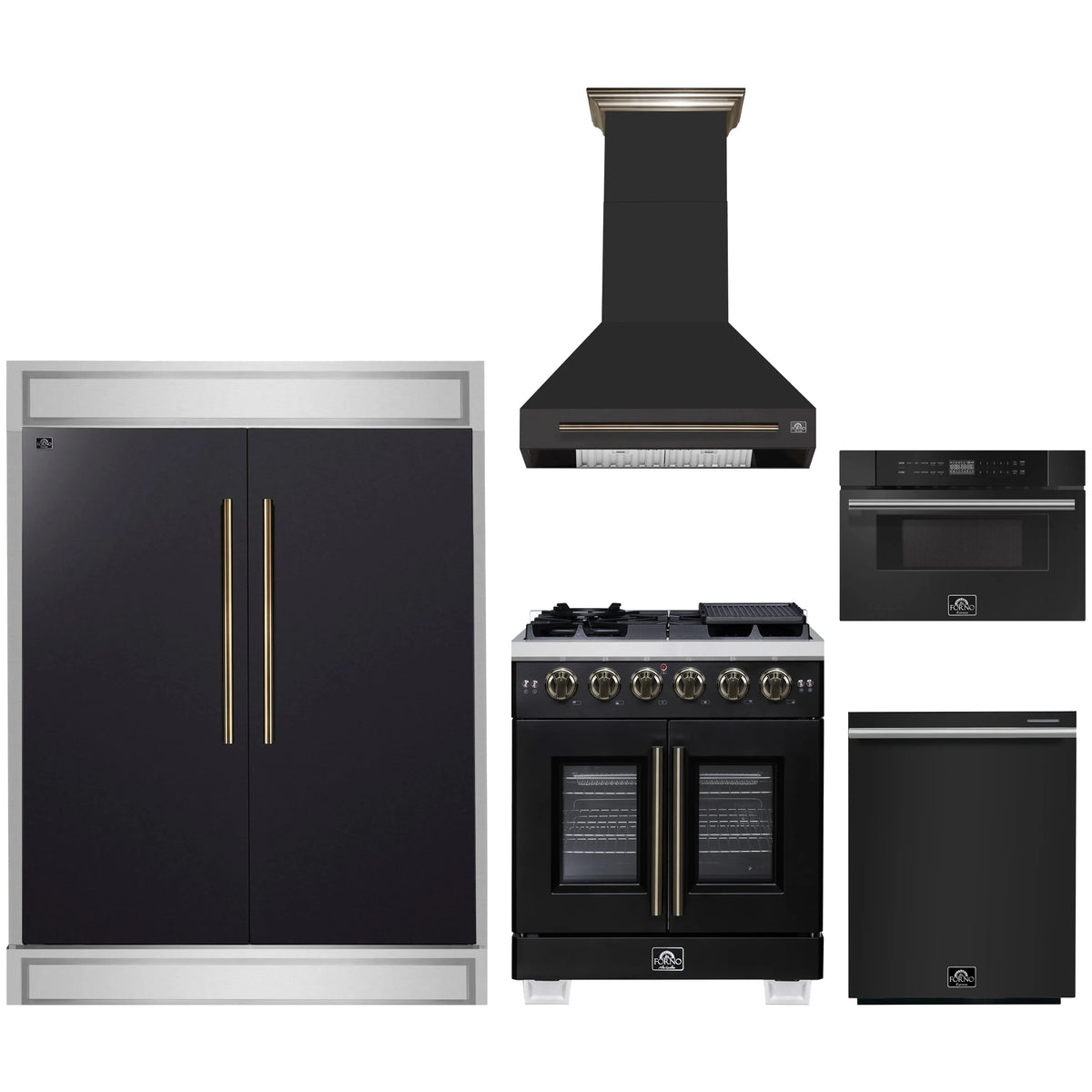 Forno 5-Piece Appliance Package - 30-inch Gas Range, Hood, Refrigerator, Dishwasher and 30-Inch Microwave Drawer in Black with Antique Brass Trim