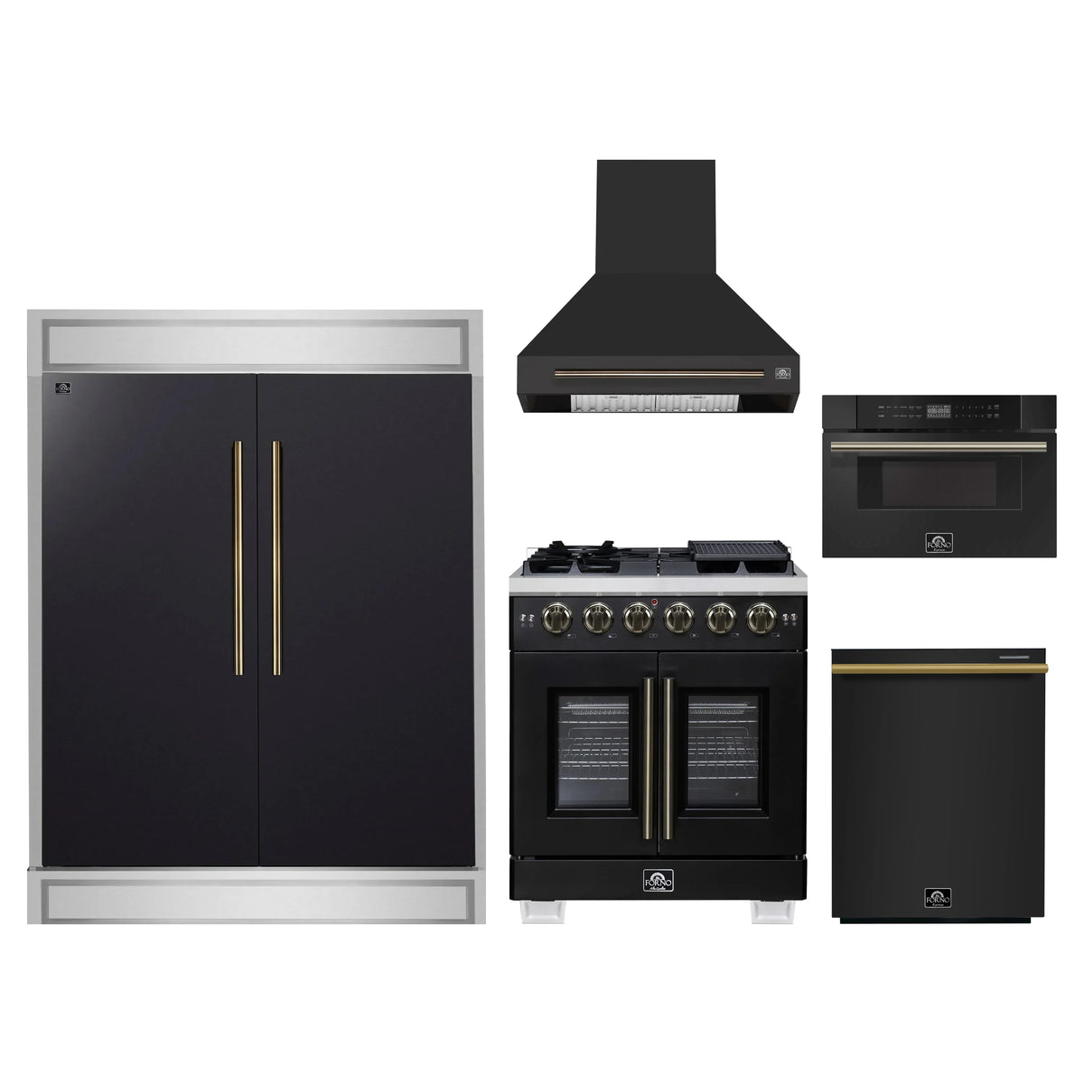 Forno 5-Piece Appliance Package - 30-inch Gas Range, Hood, Refrigerator, Dishwasher and 30-Inch Microwave Drawer in Black with Antique Brass Trim