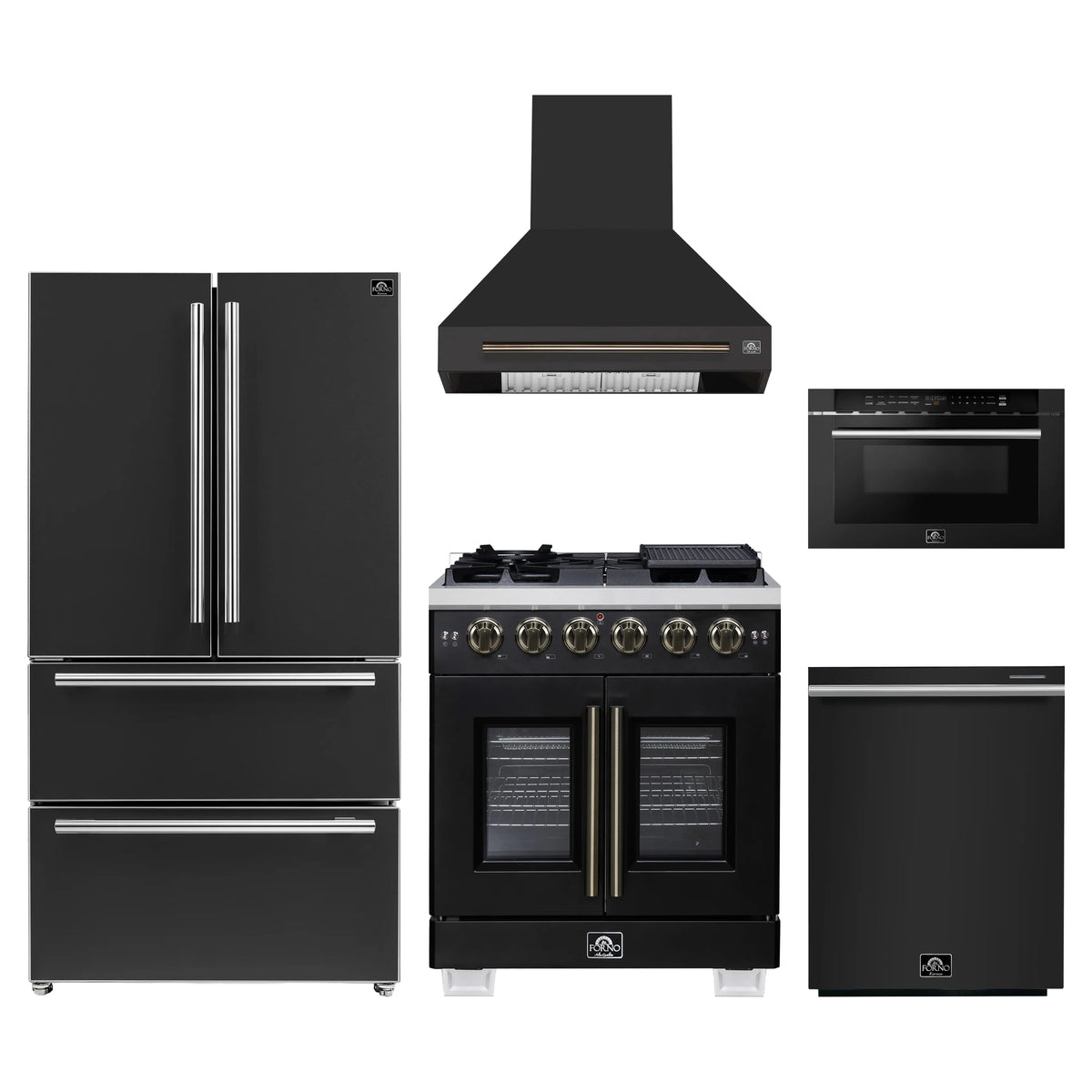 Forno 5-Piece Appliance Package - 30-inch Gas Range, Hood, Refrigerator, Dishwasher and 24-Inch Microwave Drawer in Black with Antique Brass Trim