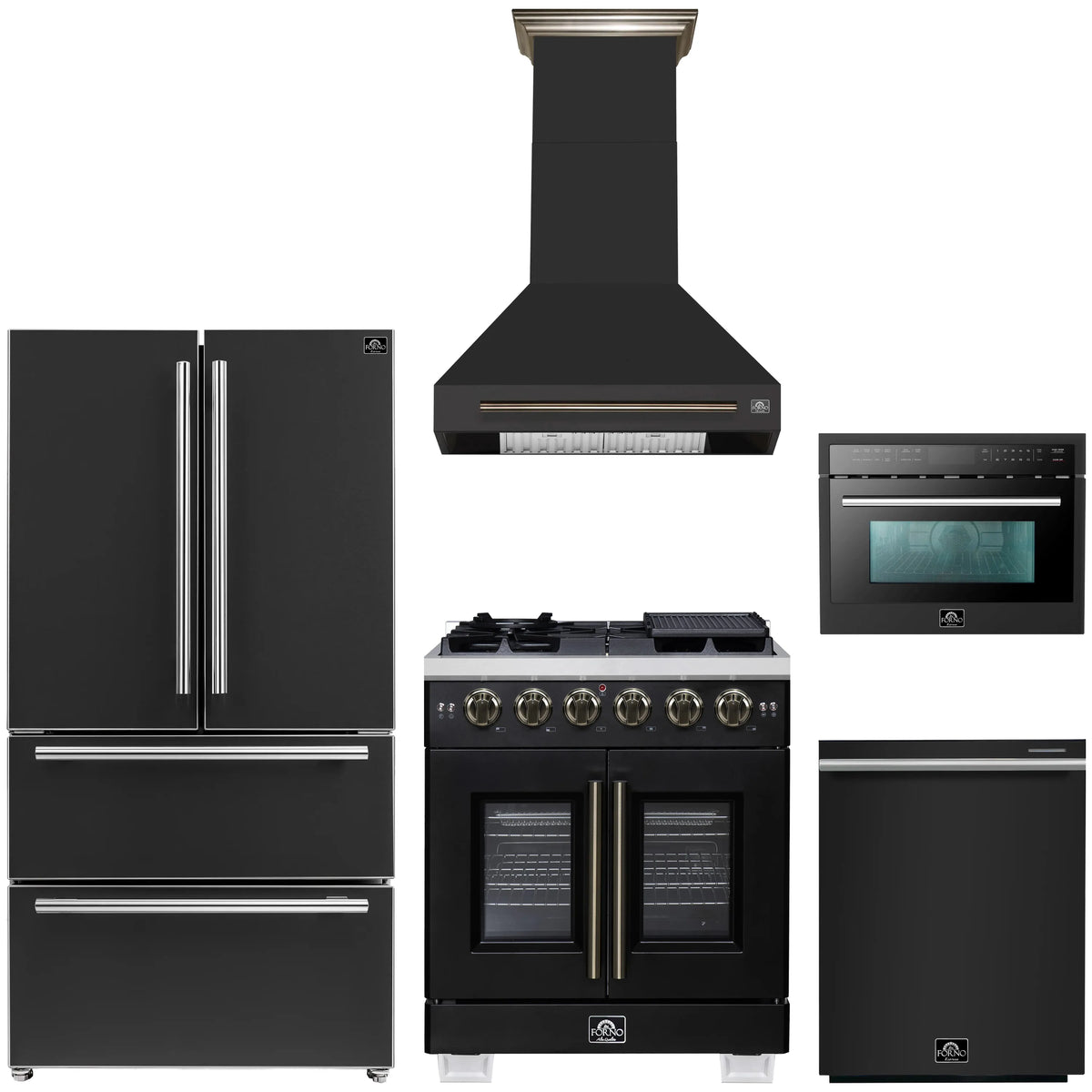 Forno 5-Piece Appliance Package - 30-inch Gas Range, Hood, Refrigerator, Dishwasher and 24-Inch Microwave Oven in Black with Antique Brass Trim