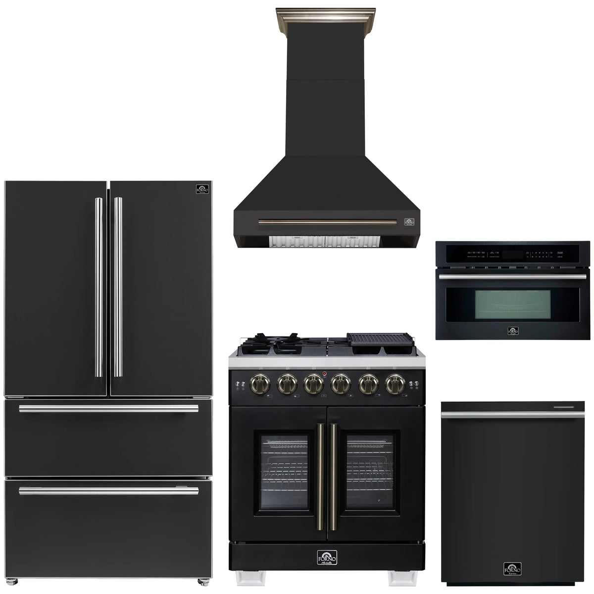 Forno 5-Piece Appliance Package - 30-inch Gas Range, Hood, Refrigerator, Dishwasher and 30-Inch Microwave Oven in Black with Antique Brass Trim