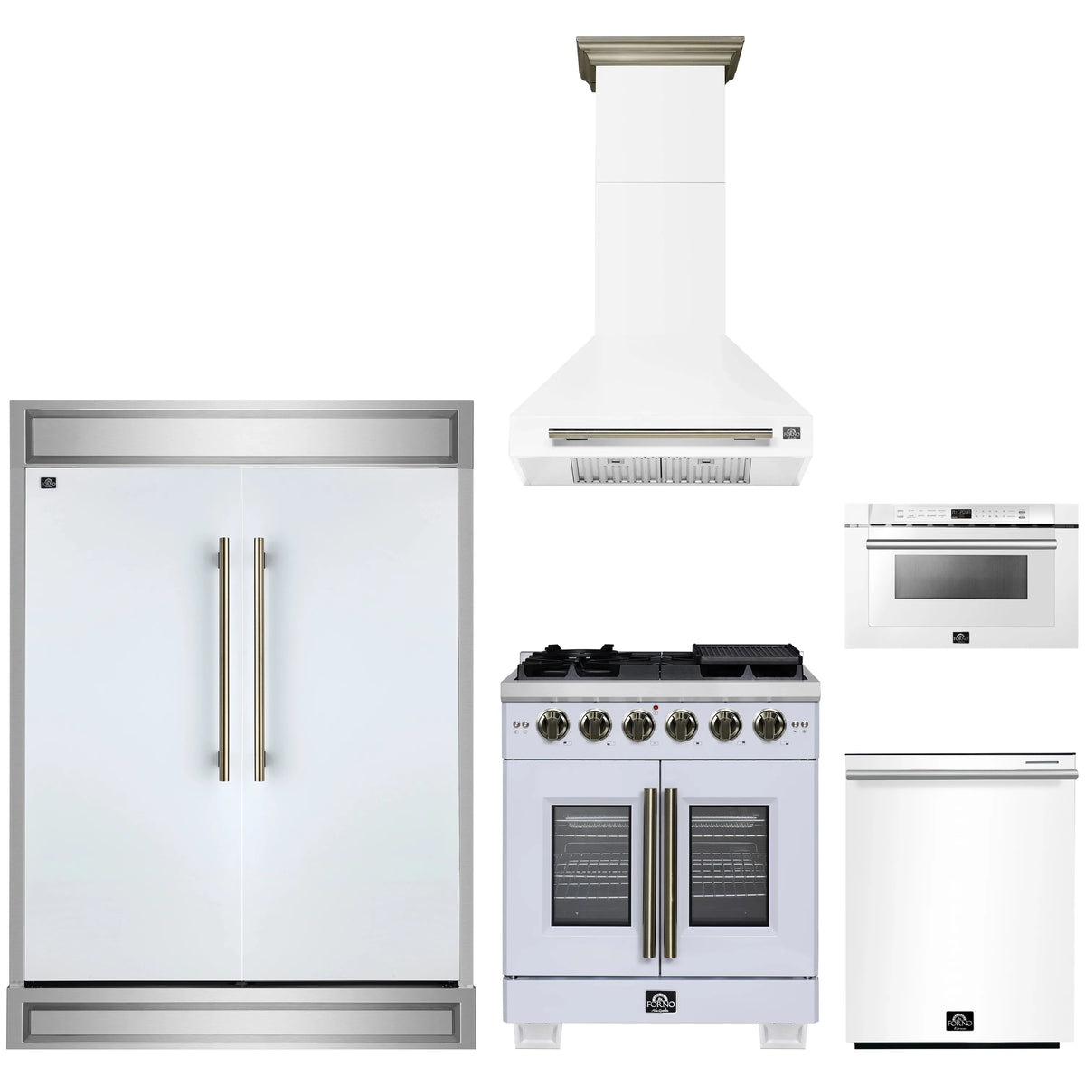 Forno 5-Piece Appliance Package - 30-inch Gas Range, Hood, Refrigerator, Dishwasher and 24-Inch Microwave Drawer in White with Antique Brass Trim