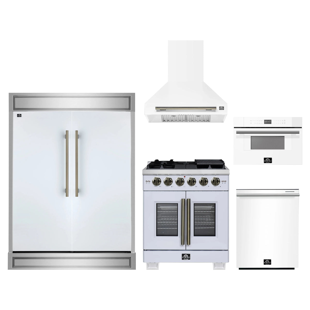 Forno 5-Piece Appliance Package - 30-inch Gas Range, Hood, Refrigerator, Dishwasher and 30-Inch Microwave Drawer in White with Antique Brass Trim