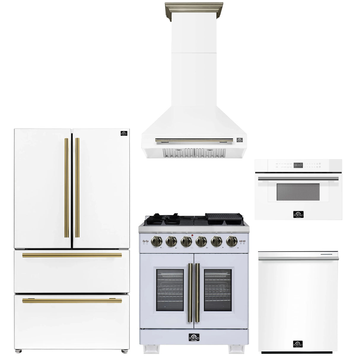 Forno 5-Piece Appliance Package - 30-inch Gas Range, Hood, Refrigerator, Dishwasher and 30-Inch Microwave Drawer in White with Antique Brass Trim