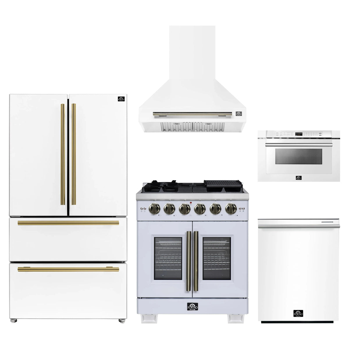 Forno 5-Piece Appliance Package - 30-inch Gas Range, Hood, Refrigerator, Dishwasher and 24-Inch Microwave Drawer in White with Antique Brass Trim
