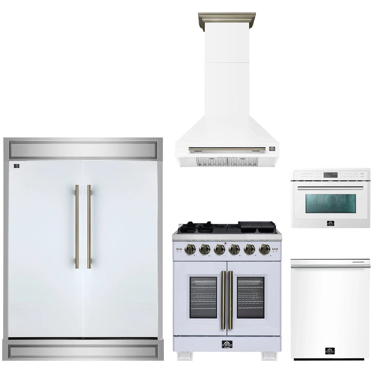 Forno 5-Piece Appliance Package - 30-inch Gas Range, Hood, Refrigerator, Dishwasher and 24-Inch Microwave Oven in White with Antique Brass Trim