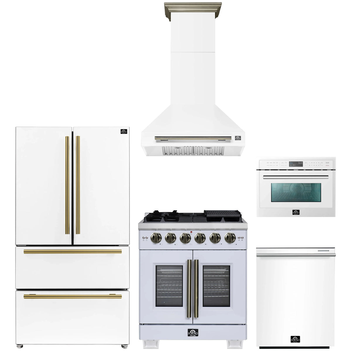 Forno 5-Piece Appliance Package - 30-inch Gas Range, Hood, Refrigerator, Dishwasher and 24-Inch Microwave Oven in White with Antique Brass Trim