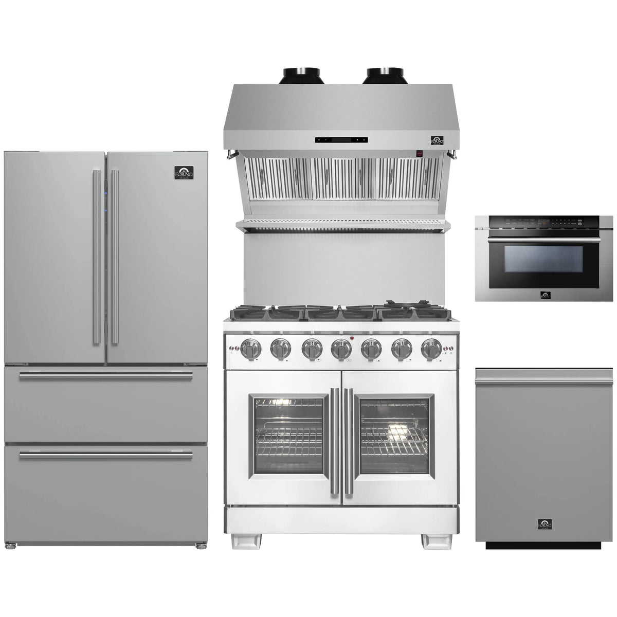 Forno 5-Piece Pro Appliance Package - 36-Inch Gas Range, Refrigerator, Wall Mount Hood with Backsplash, 24-Inch Microwave Drawer, & 3-Rack Dishwasher in Stainless Steel