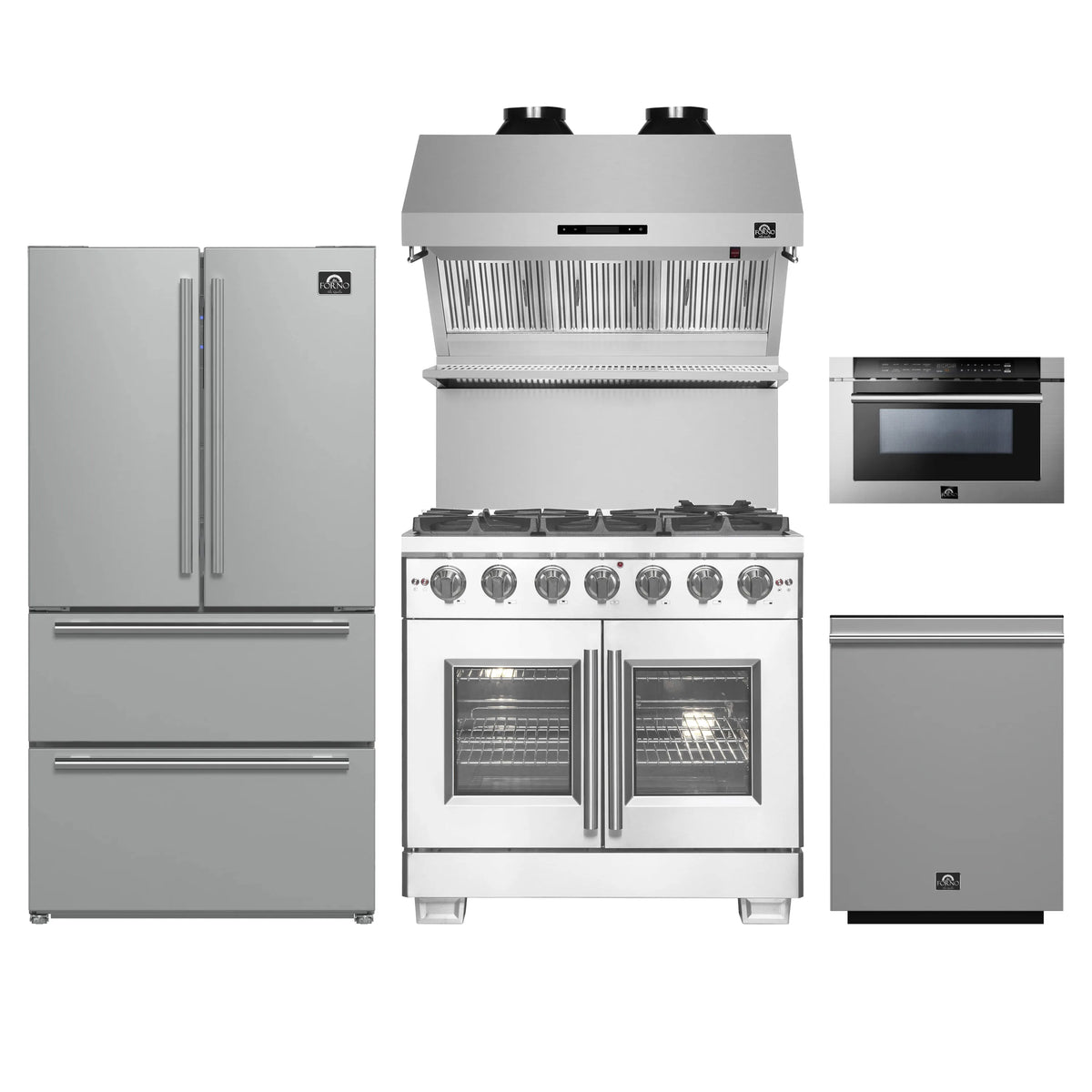 Forno 5-Piece Pro Appliance Package - 36-Inch Gas Range, Refrigerator, Wall Mount Hood with Backsplash, 24-Inch Microwave Drawer, & 3-Rack Dishwasher in Stainless Steel
