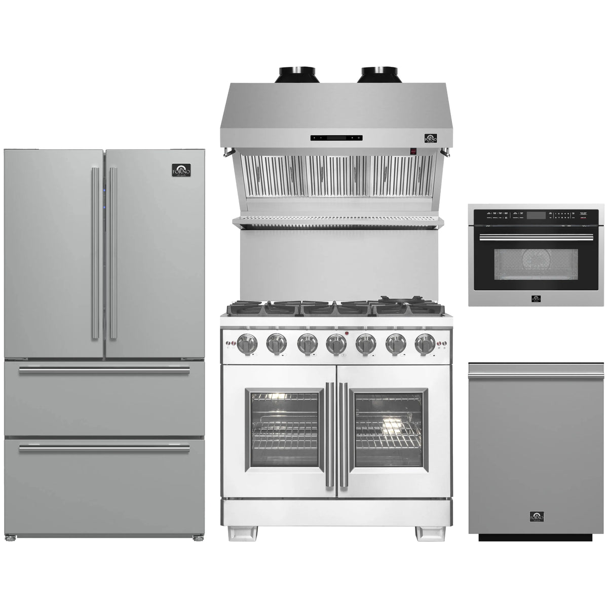 Forno 5-Piece Pro Appliance Package - 36-Inch Gas Range, Refrigerator, Wall Mount Hood with Backsplash, 24-Inch Microwave Oven, & 3-Rack Dishwasher in Stainless Steel