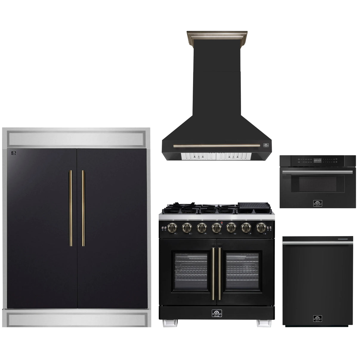 Forno 5-Piece Appliance Package - 36-inch Gas Range, Hood, Refrigerator, Dishwasher and 30-Inch Microwave Drawer in Black with Antique Brass Trim
