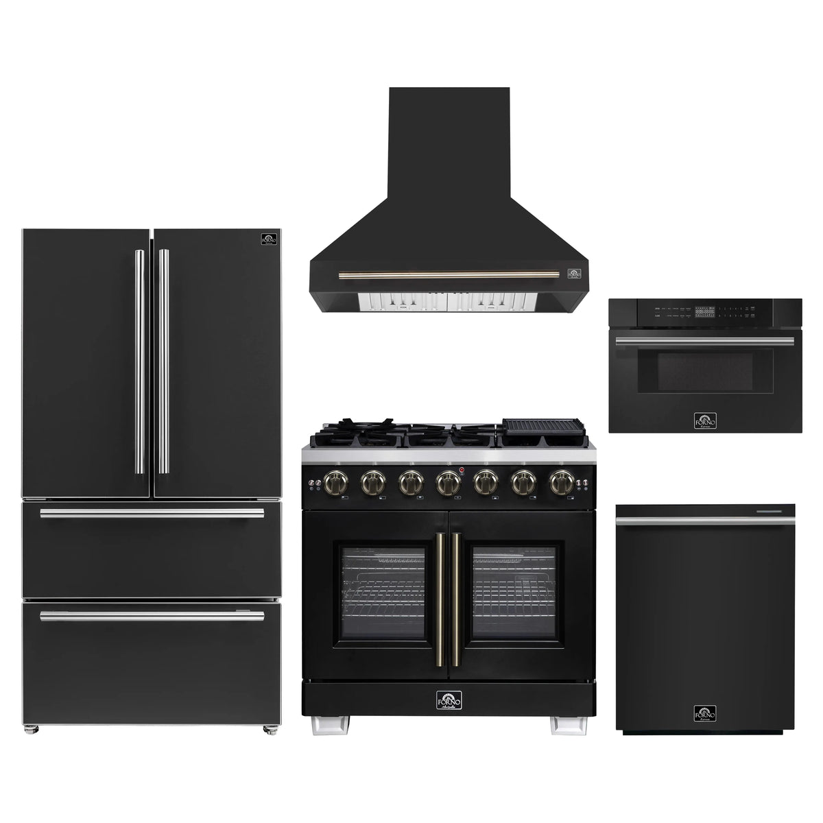 Forno 5-Piece Appliance Package - 36-inch Gas Range, Hood, Refrigerator, Dishwasher and 30-Inch Microwave Drawer in Black with Antique Brass Trim