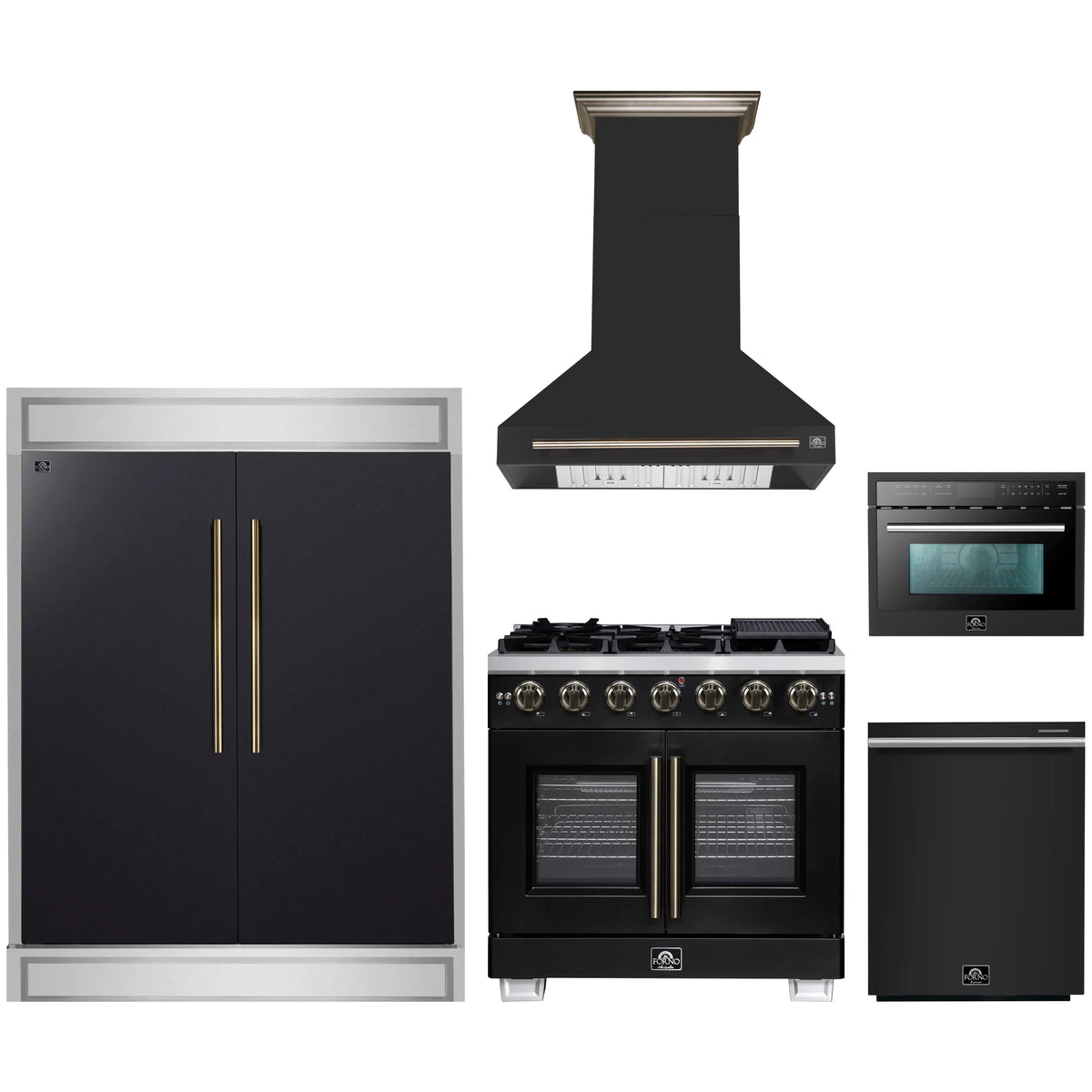 Forno 5-Piece Appliance Package - 36-inch Gas Range, Hood, Refrigerator, Dishwasher and 24-Inch Microwave Oven in Black with Antique Brass Trim