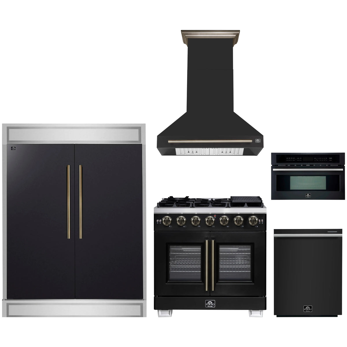 Forno 5-Piece Appliance Package - 36-inch Gas Range, Hood, Refrigerator, Dishwasher and 30-Inch Microwave Oven in Black with Antique Brass Trim