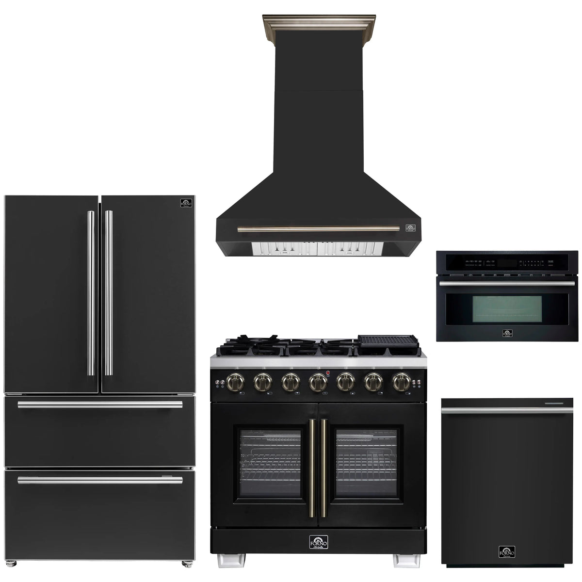 Forno 5-Piece Appliance Package - 36-inch Gas Range, Hood, Refrigerator, Dishwasher and 30-Inch Microwave Oven in Black with Antique Brass Trim