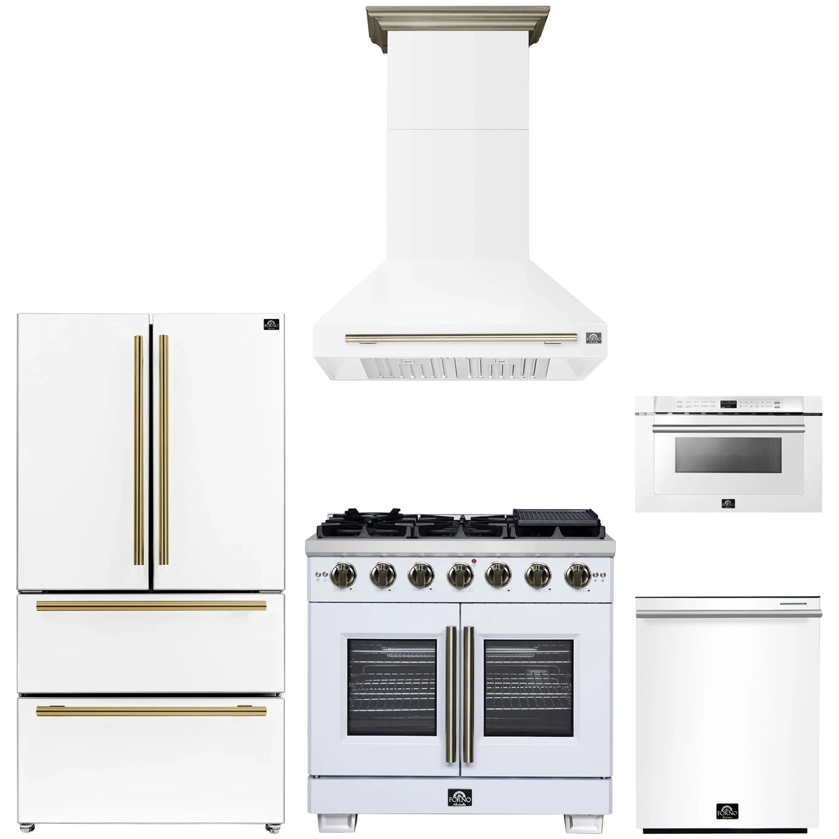 Forno 5-Piece Appliance Package - 36-inch Gas Range, Hood, Refrigerator, Dishwasher and 24-Inch Microwave Drawer in White with Antique Brass Trim