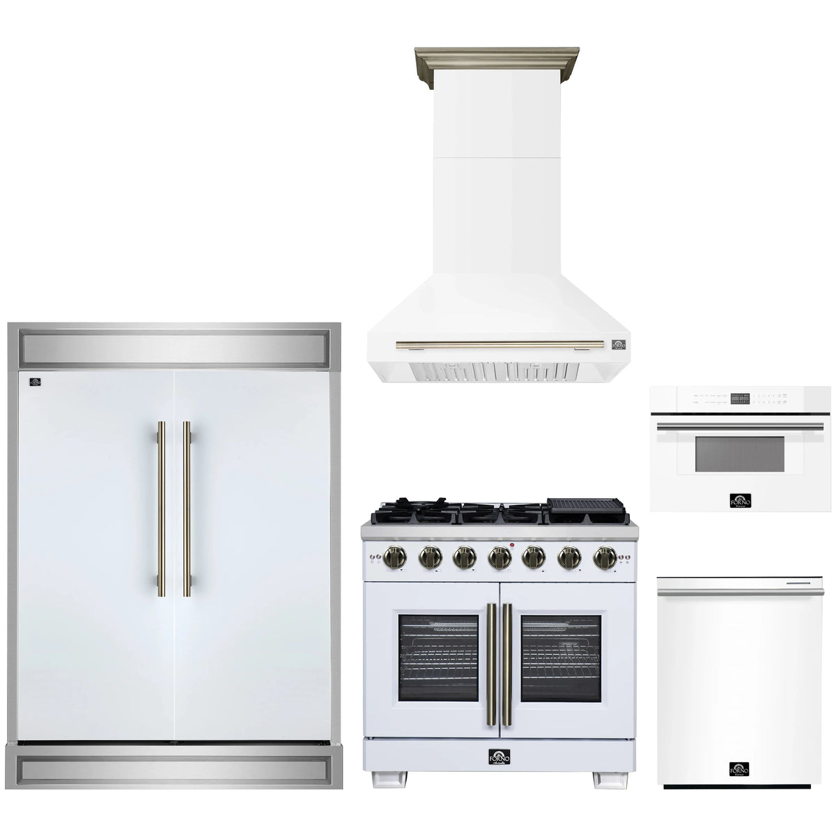 Forno 5-Piece Appliance Package - 36-inch Gas Range, Hood, Refrigerator, Dishwasher and 30-Inch Microwave Drawer in White with Antique Brass Trim