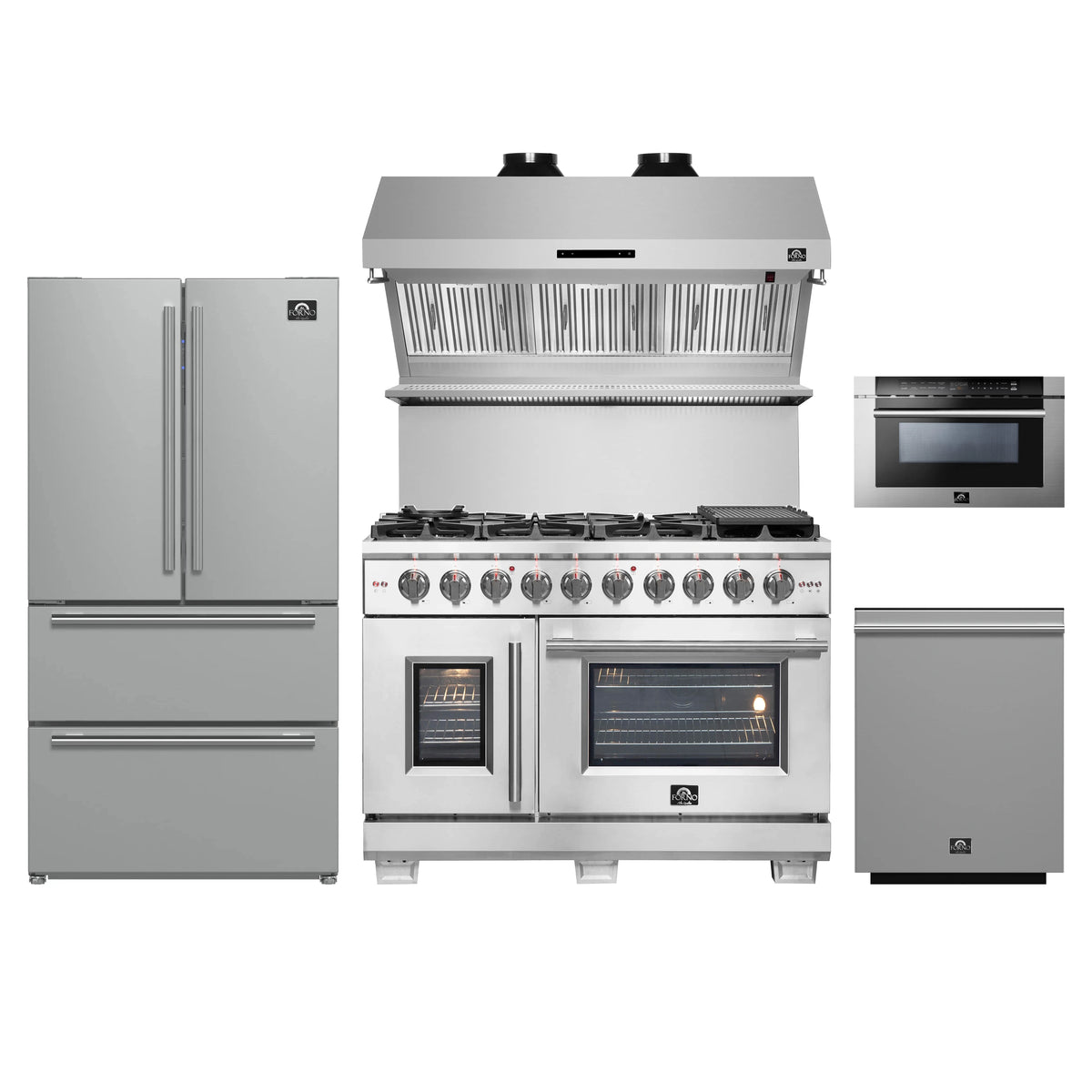 Forno 5-Piece Pro Appliance Package - 48-Inch Gas Range, Refrigerator, Wall Mount Hood with Backsplash, 24-Inch Microwave Drawer, & 3-Rack Dishwasher in Stainless Steel