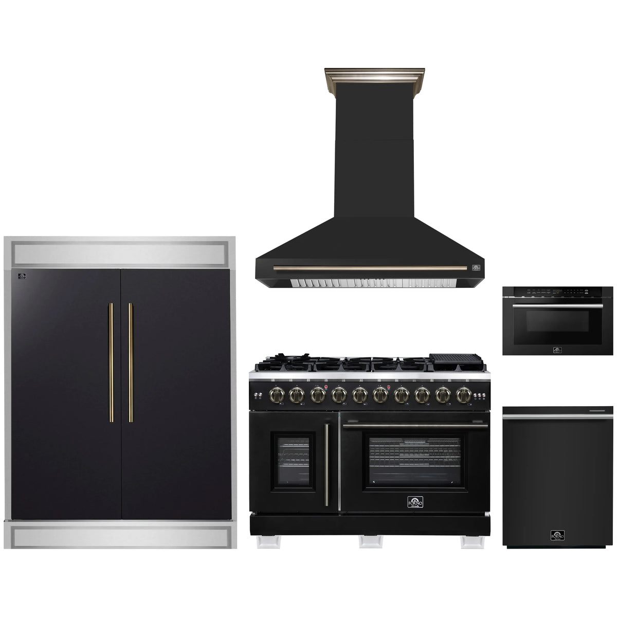 Forno 5-Piece Appliance Package - 48-inch Gas Range, Hood, Refrigerator, Dishwasher and 24-Inch Microwave Drawer in Black with Antique Brass Trim