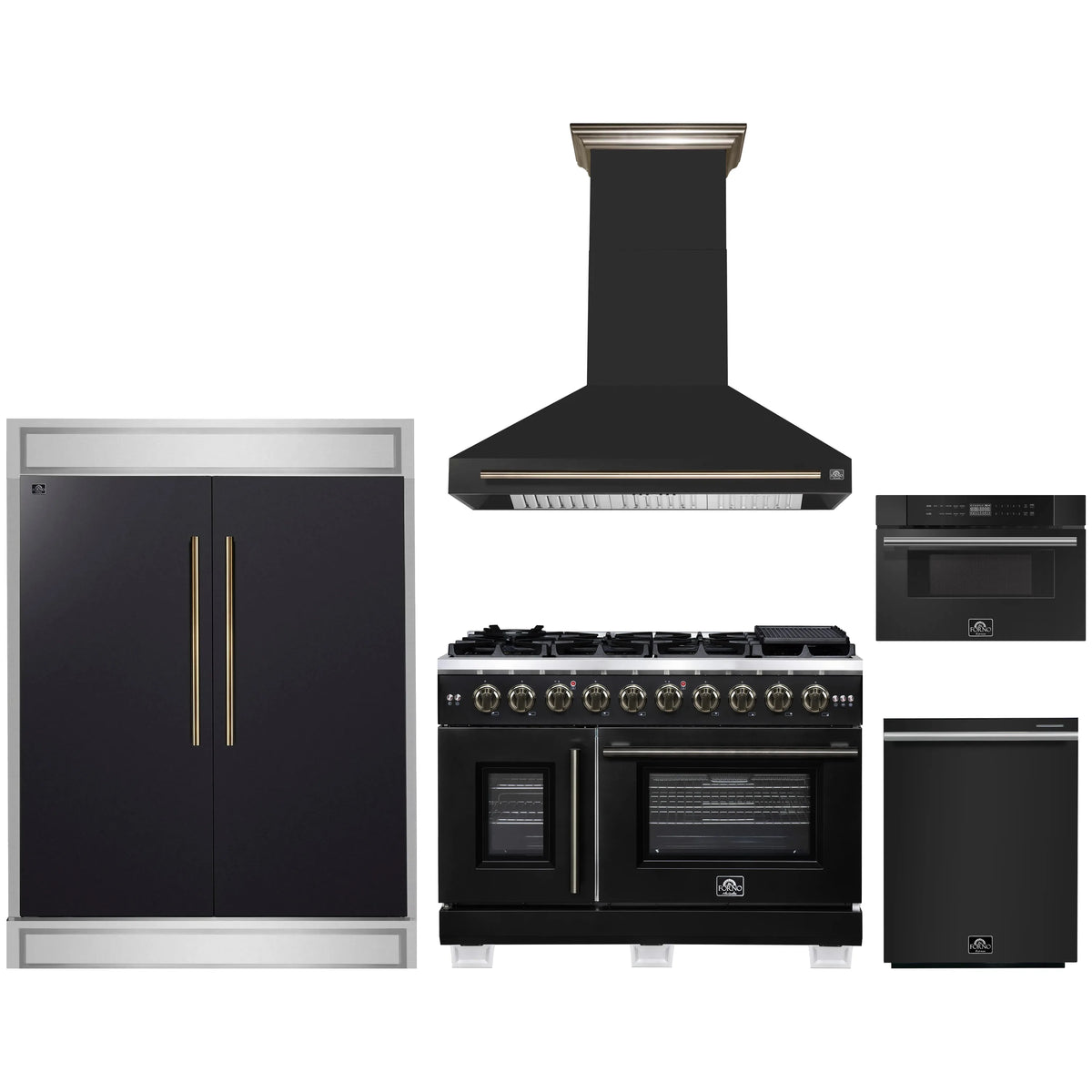 Forno 5-Piece Appliance Package - 48-inch Gas Range, Hood, Refrigerator, Dishwasher and 30-Inch Microwave Drawer in Black with Antique Brass Trim