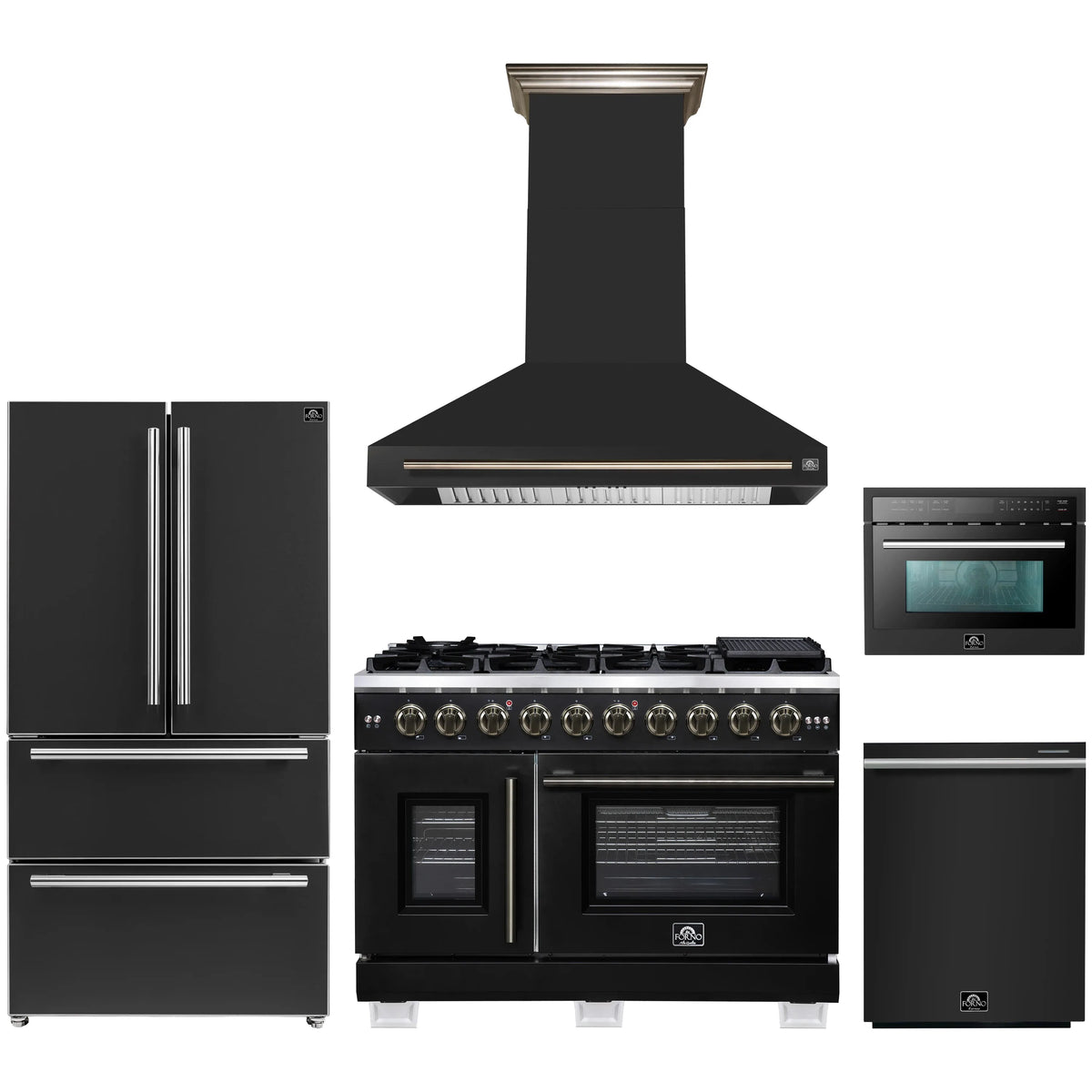 Forno 5-Piece Appliance Package - 48-inch Gas Range, Hood, Refrigerator, Dishwasher and 24-Inch Microwave Oven in Black with Antique Brass Trim