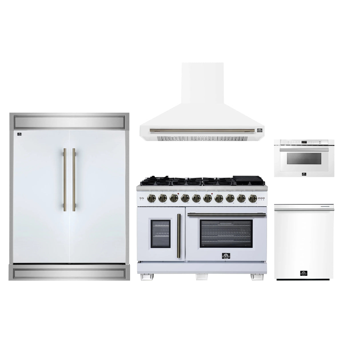 Forno 5-Piece Appliance Package - 48-inch Gas Range, Hood, Refrigerator, Dishwasher and 24-Inch Microwave Drawer in White with Antique Brass Trim