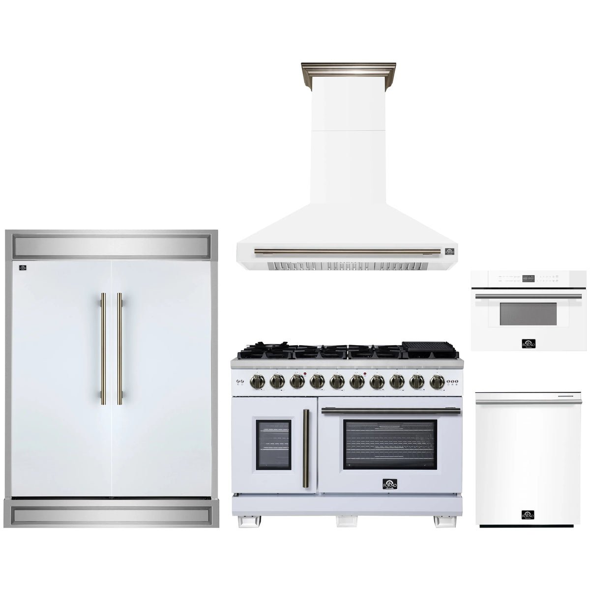 Forno 5-Piece Appliance Package - 48-inch Gas Range, Hood, Refrigerator, Dishwasher and 30-Inch Microwave Drawer in White with Antique Brass Trim