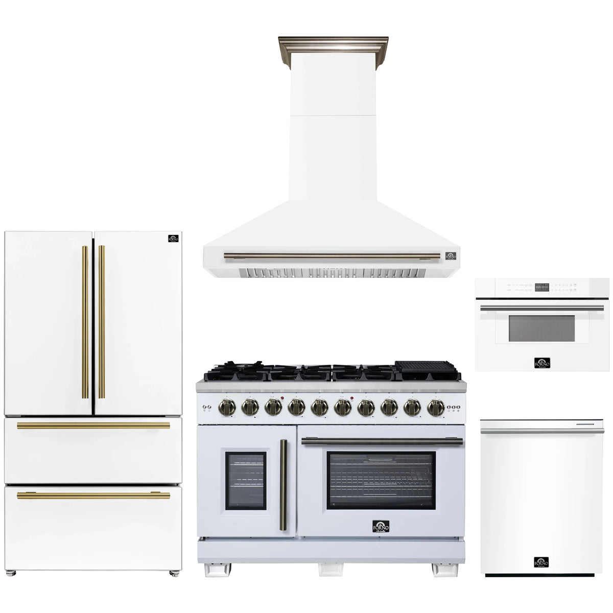 Forno 5-Piece Appliance Package - 48-inch Gas Range, Hood, Refrigerator, Dishwasher and 30-Inch Microwave Drawer in White with Antique Brass Trim