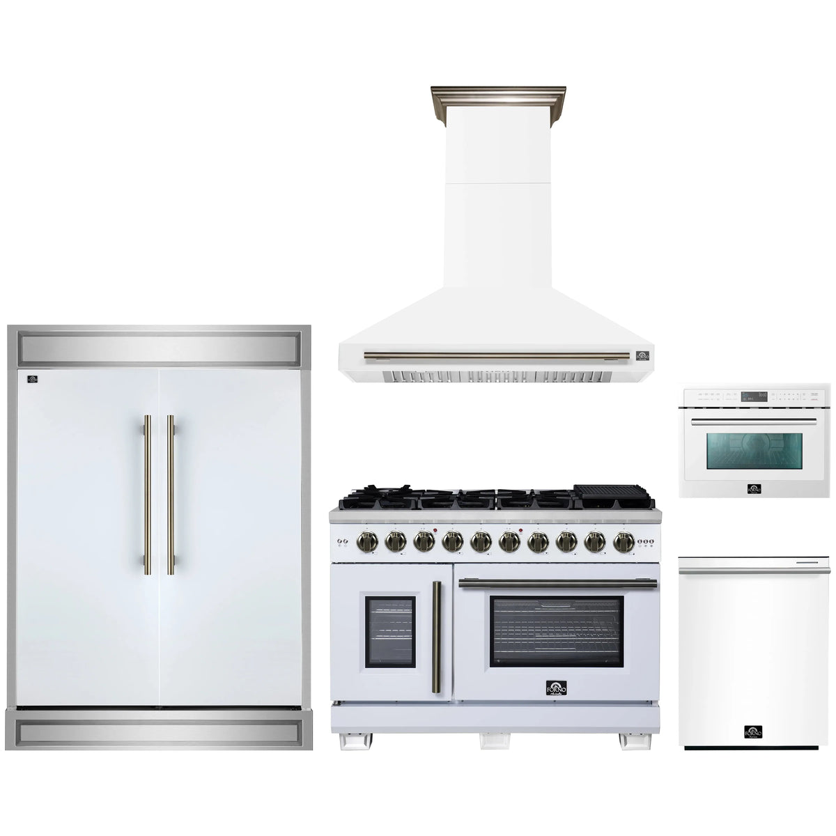 Forno 5-Piece Appliance Package - 48-inch Gas Range, Hood, Refrigerator, Dishwasher and 24-Inch Microwave Oven in White with Antique Brass Trim