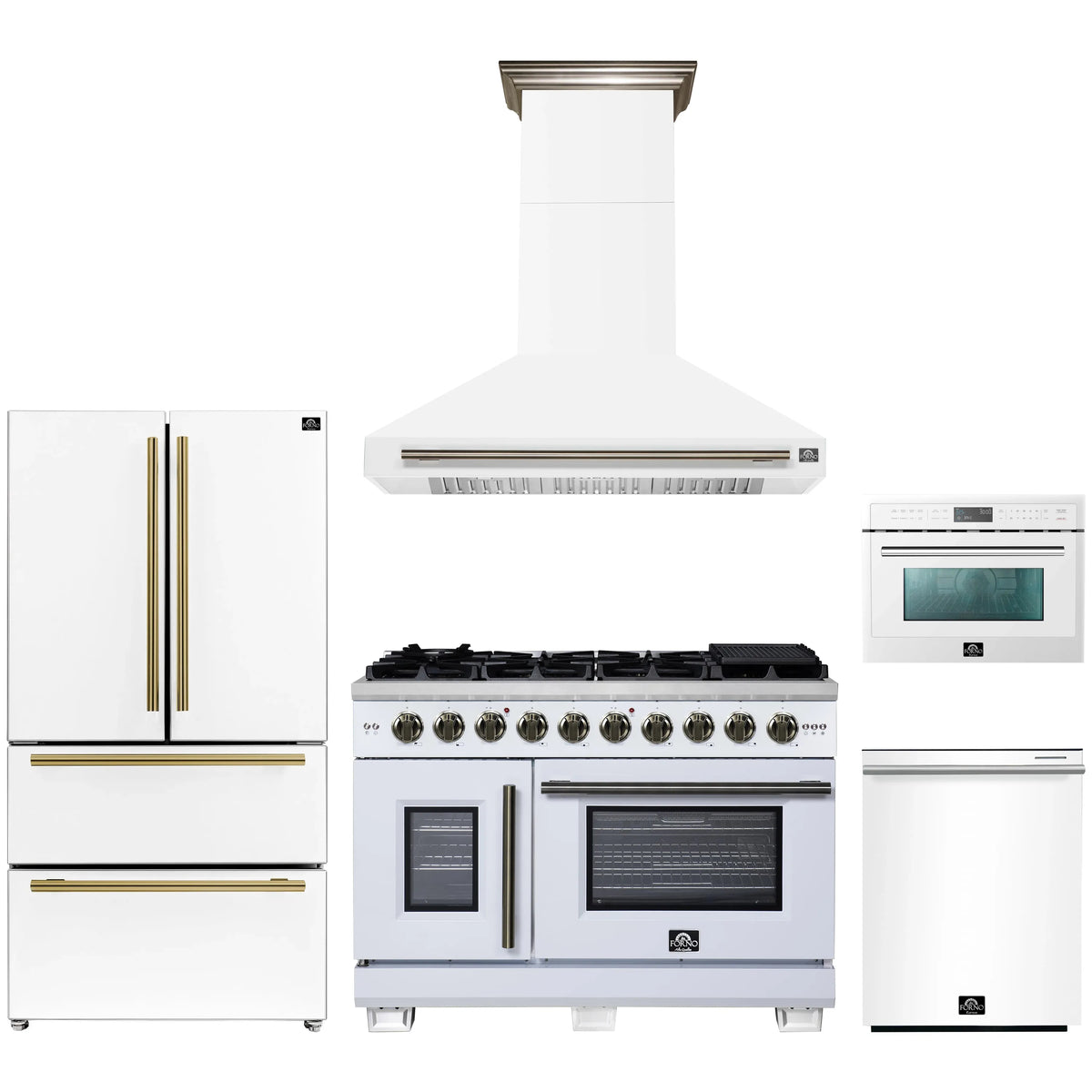 Forno 5-Piece Appliance Package - 48-inch Gas Range, Hood, Refrigerator, Dishwasher and 24-Inch Microwave Oven in White with Antique Brass Trim