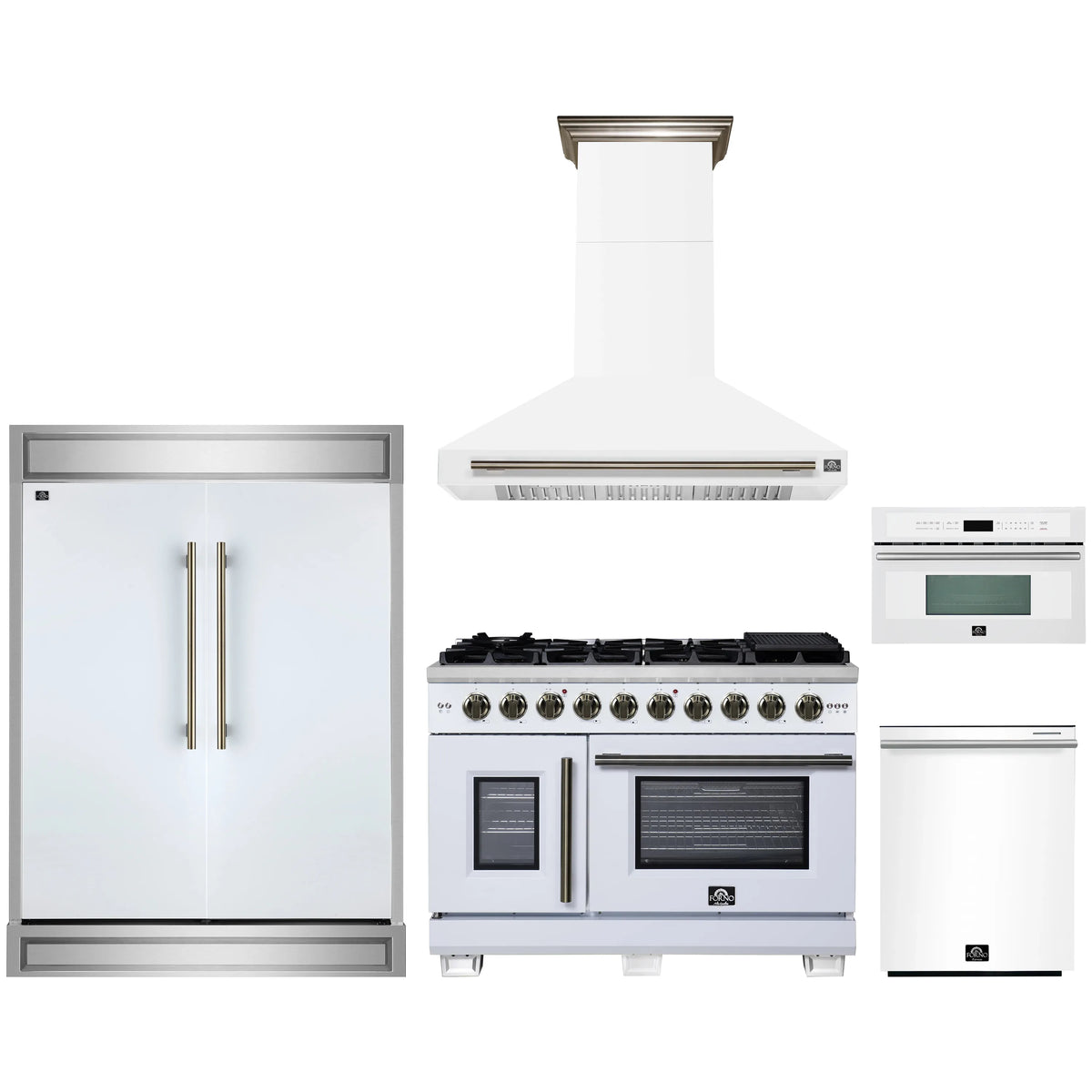 Forno 5-Piece Appliance Package - 48-inch Gas Range, Hood, Refrigerator, Dishwasher and 30-Inch Microwave Oven in White with Antique Brass Trim