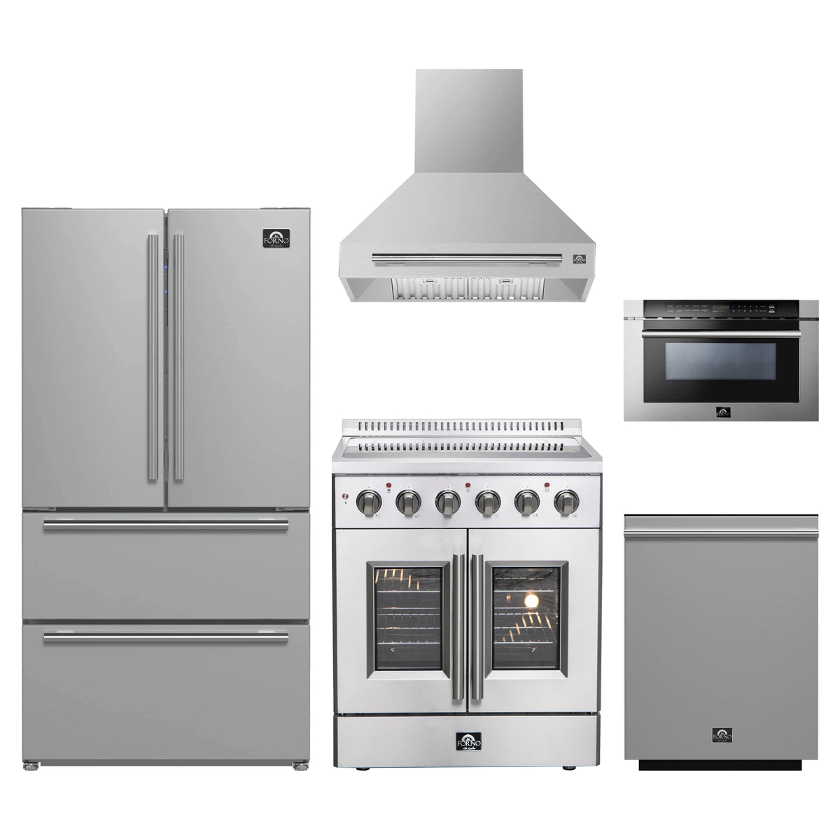 Forno 5-Piece Appliance Package - 30-Inch Galiano French Door Electric Range, Wall Mount Range Hood, 36-Inch Refrigerator, Dishwasher, and 24-Inch Microwave Drawer in Stainless Steel