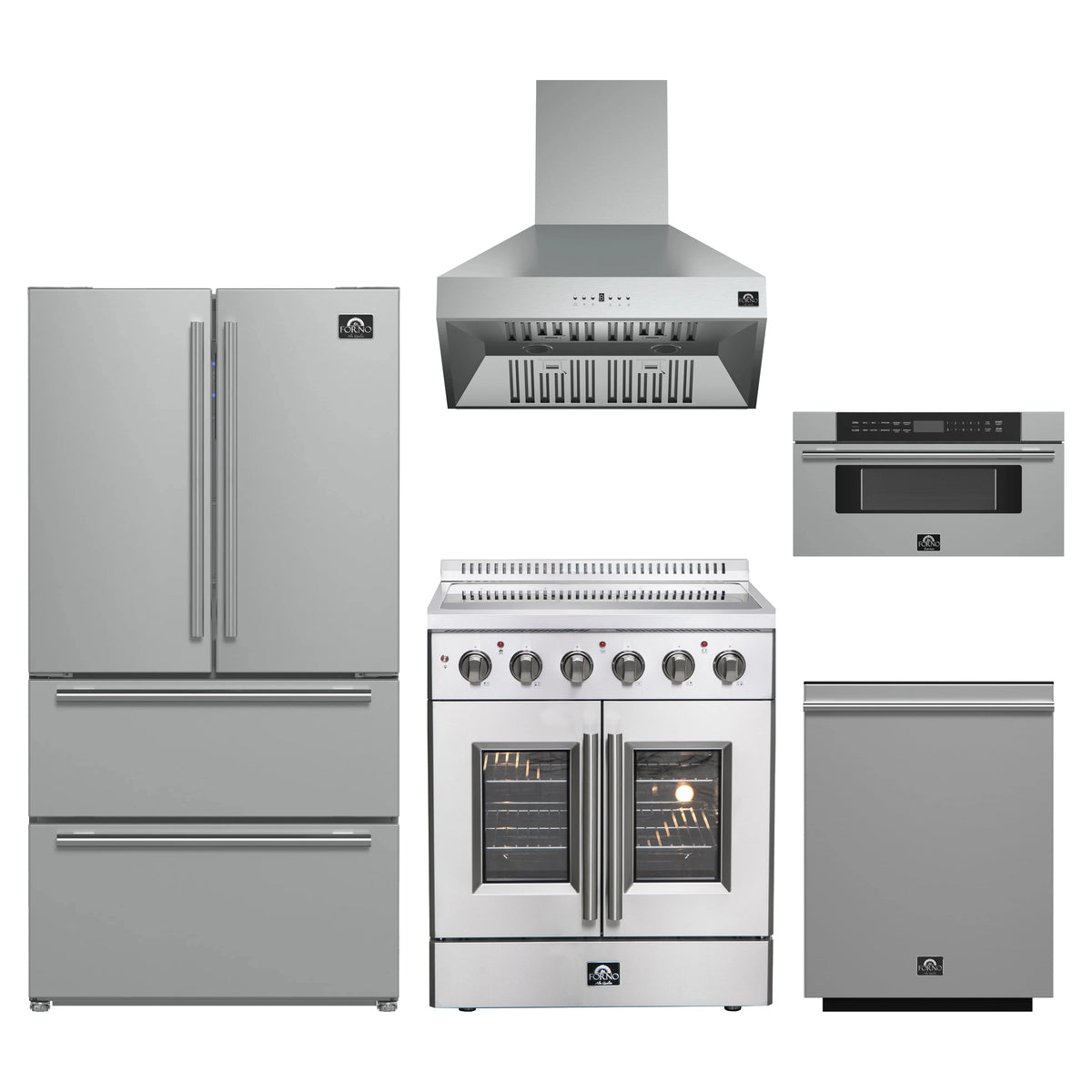 Forno 5-Piece Appliance Package - 30-Inch Galiano French Door Electric Range, Wall Mount Range Hood, 36-Inch Refrigerator, Dishwasher, and 30-Inch Microwave Drawer in Stainless Steel