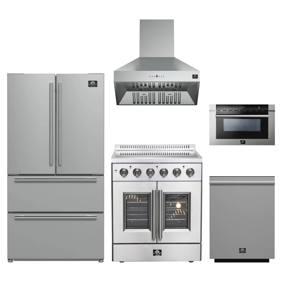 Forno 5-Piece Appliance Package - 30-Inch Galiano French Door Electric Range, Wall Mount Range Hood, 36-Inch Refrigerator, Dishwasher, and 24-Inch Microwave Drawer in Stainless Steel
