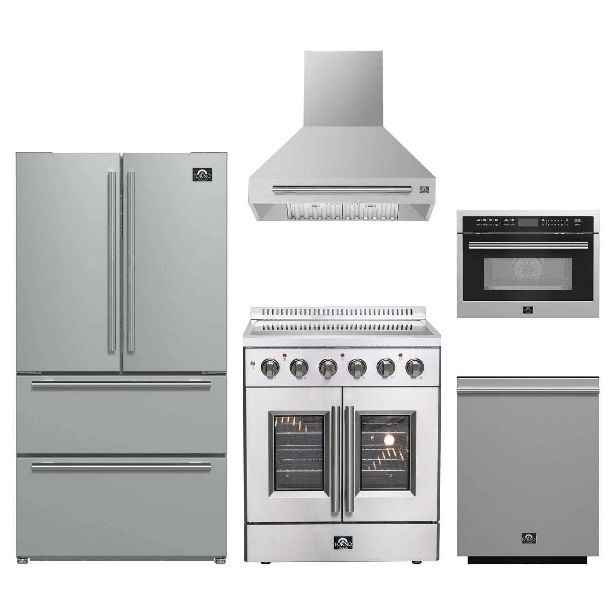 Forno 5-Piece Appliance Package - 30-Inch Galiano French Door Electric Range, Wall Mount Range Hood, 36-Inch Refrigerator, Dishwasher, and 24-Inch Microwave Oven in Stainless Steel