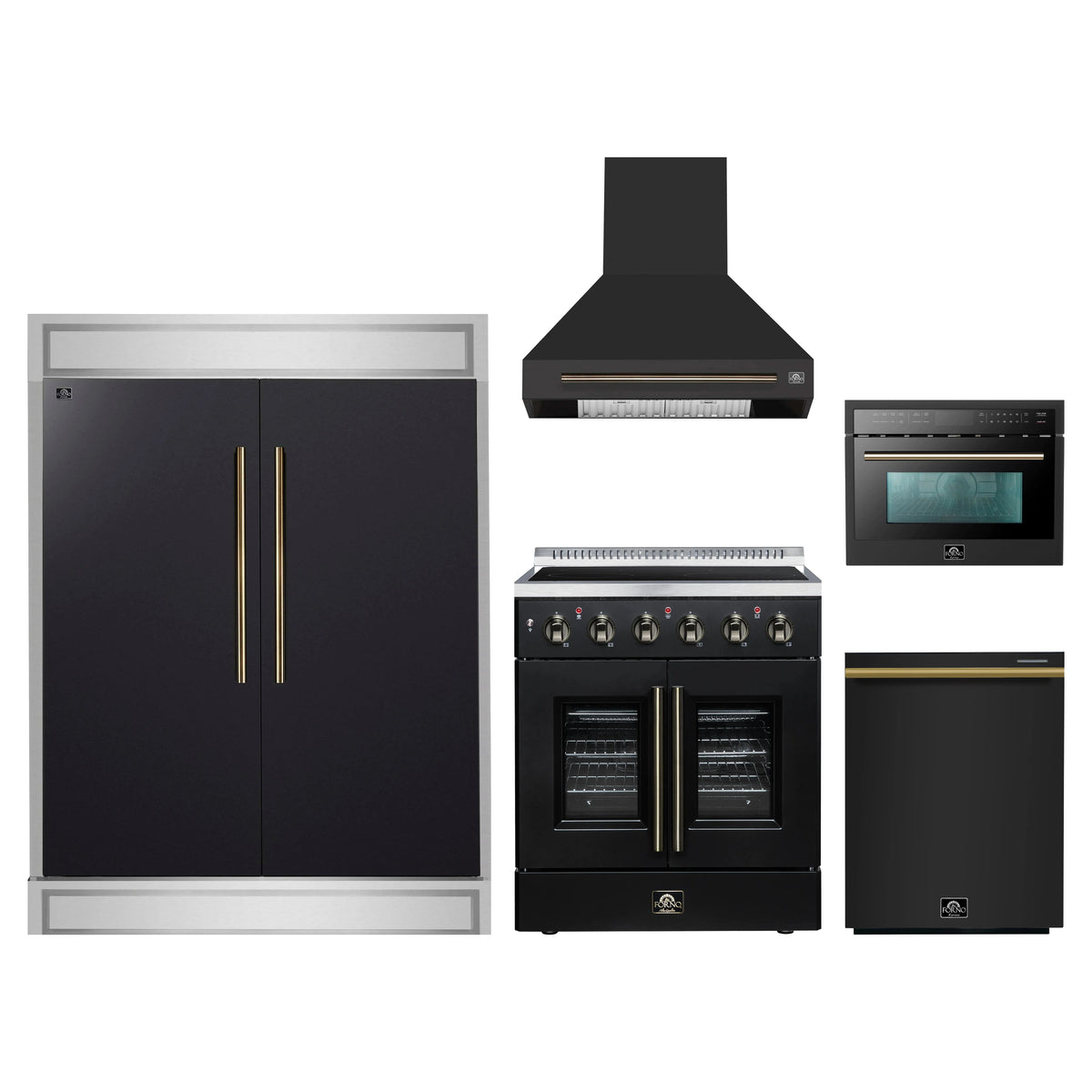 Forno 5-Piece Appliance Package - 30-Inch Galiano French Door Electric Range, Wall Mount Range Hood, 60-Inch Refrigerator, Dishwasher, and 24-Inch Microwave Oven in Black with Antique Brass Trim