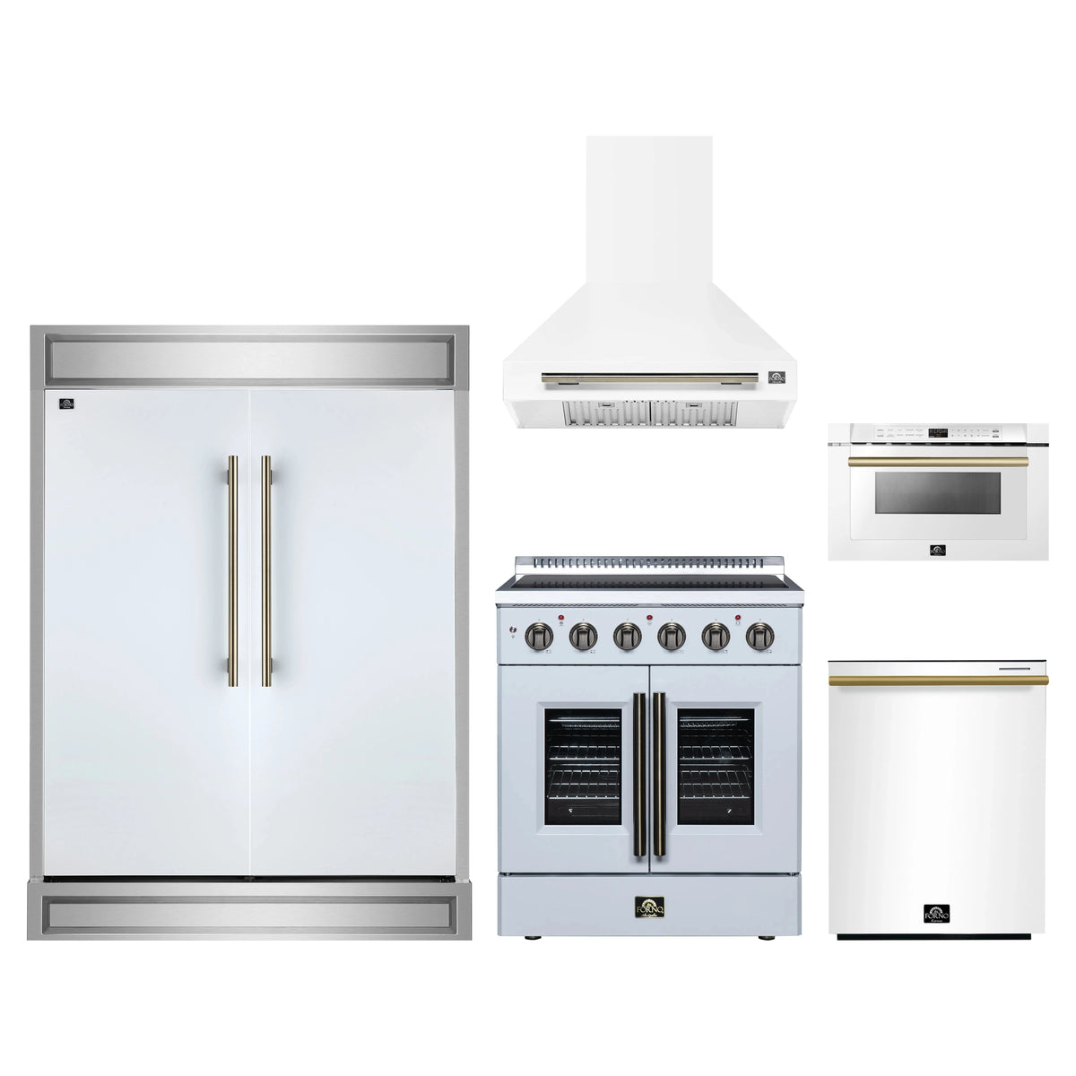 Forno 5-Piece Appliance Package - 30-Inch Galiano French Door Electric Range, Wall Mount Range Hood, 60-Inch Refrigerator, Dishwasher, and 24-Inch Microwave Drawer in White with Antique Brass Trim