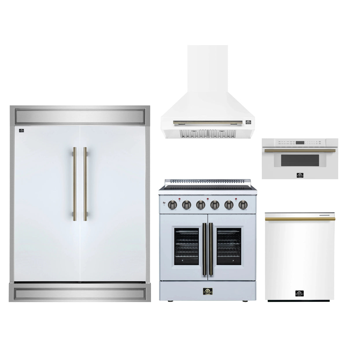 Forno 5-Piece Appliance Package - 30-Inch Galiano French Door Electric Range, Wall Mount Range Hood, 60-Inch Refrigerator, Dishwasher, and 30-Inch Microwave Drawer in White with Antique Brass Trim