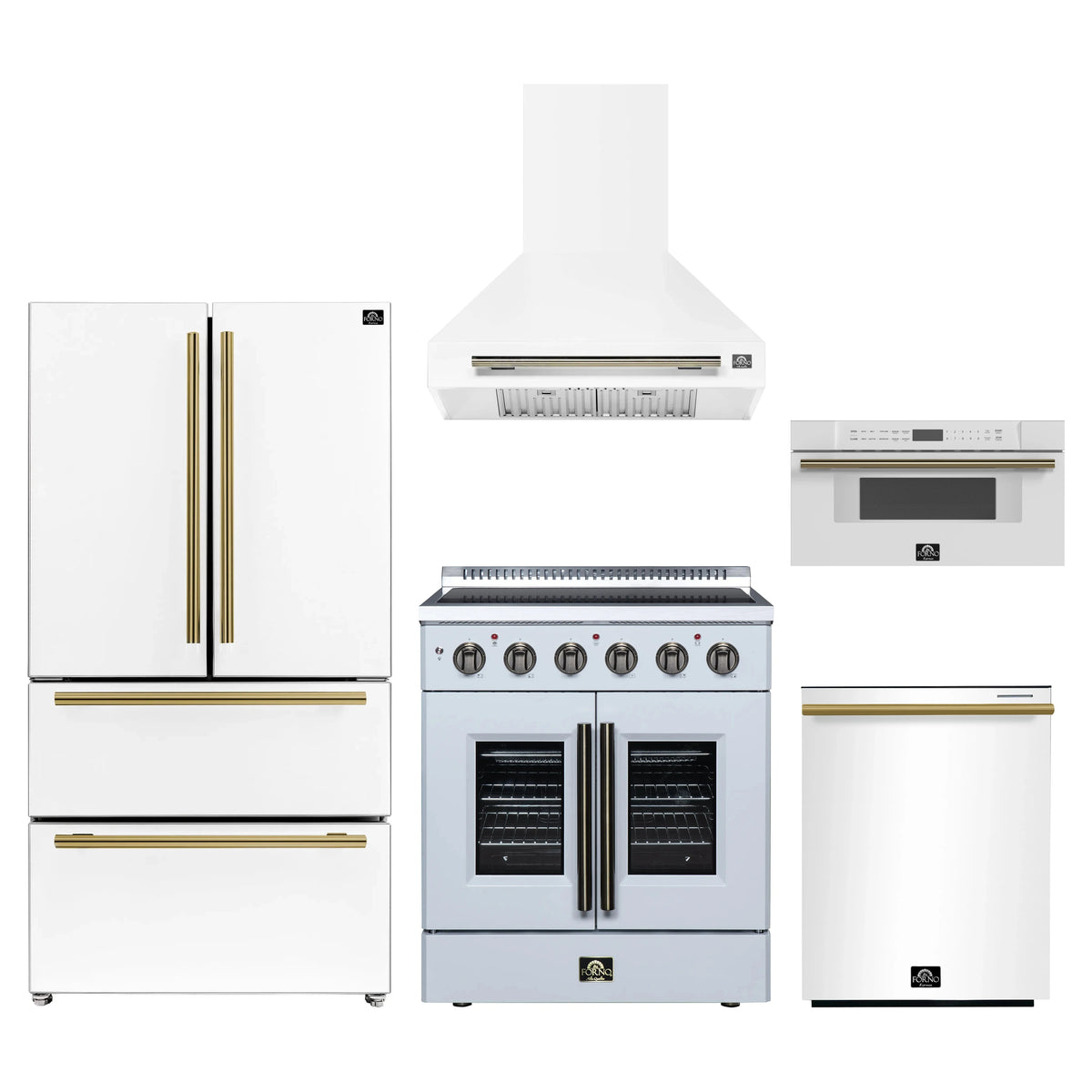 Forno 5-Piece Appliance Package - 30-Inch Galiano French Door Electric Range, Wall Mount Range Hood, 36-Inch Refrigerator, Dishwasher, and 30-Inch Microwave Drawer in White with Antique Brass Trim