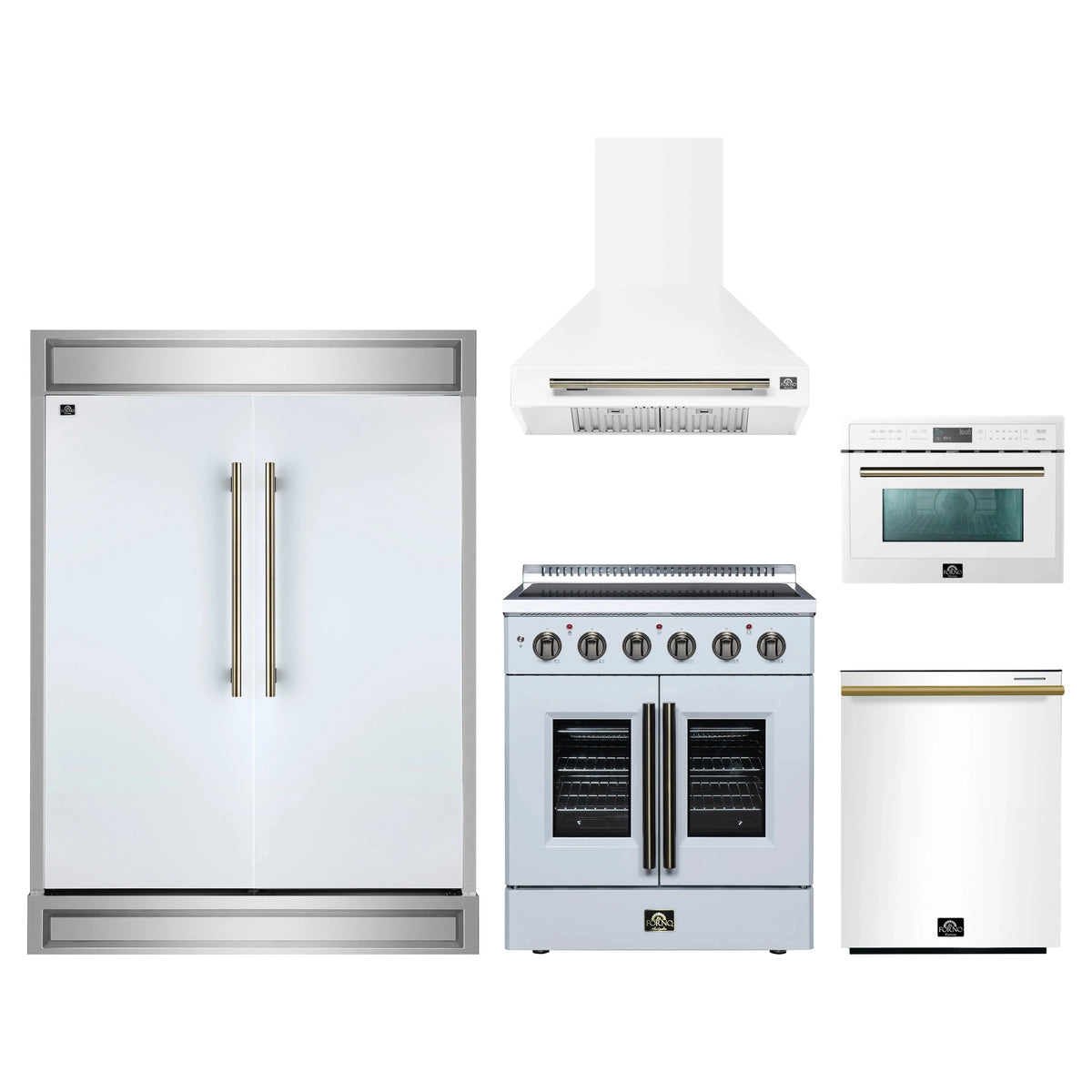 Forno 5-Piece Appliance Package - 30-Inch Galiano French Door Electric Range, Wall Mount Range Hood, 60-Inch Refrigerator, Dishwasher, and 24-Inch Microwave Oven in White with Antique Brass Trim