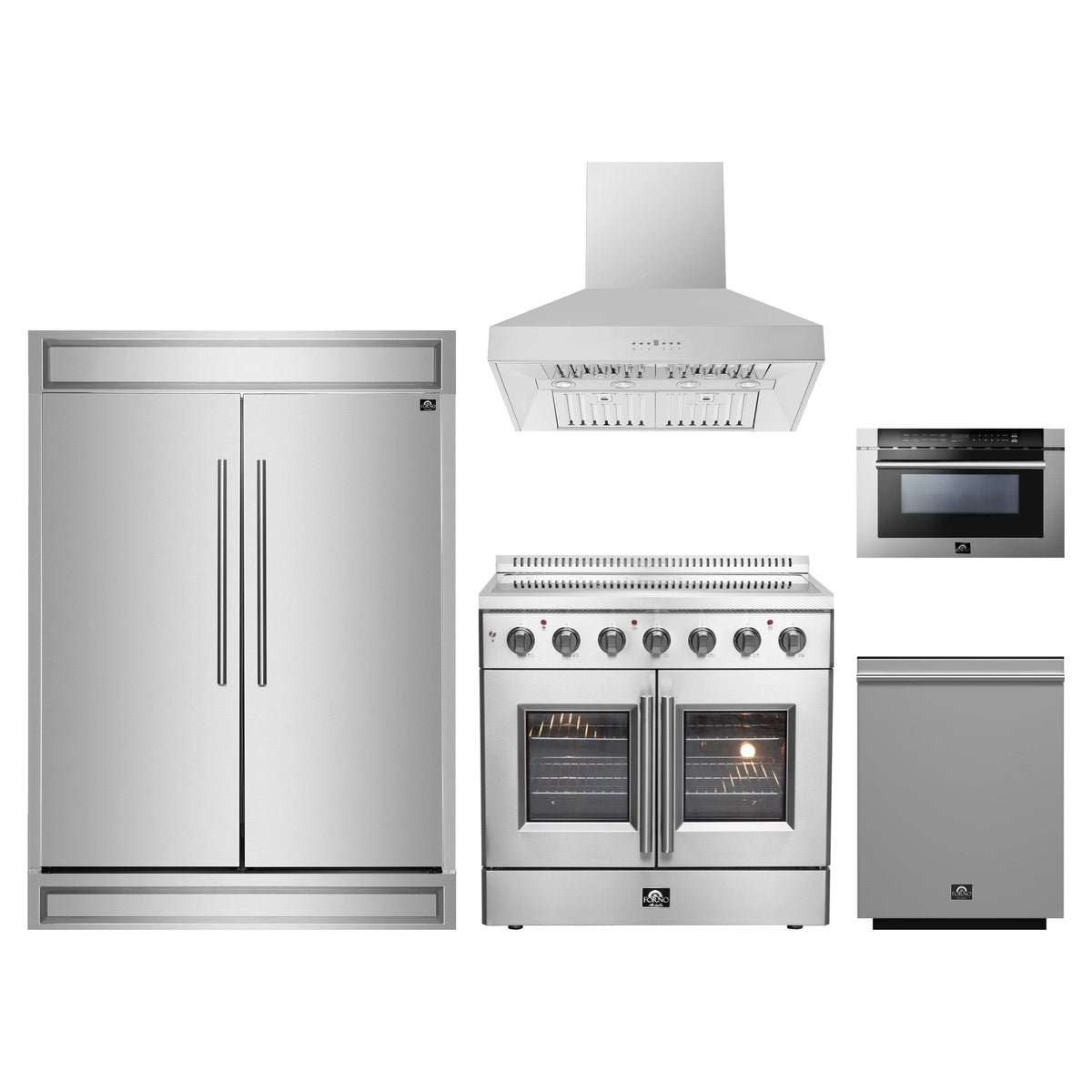 Forno 5-Piece Appliance Package - 36-Inch Galiano French Door Electric Range, Wall Mount Range Hood, 60-Inch Refrigerator, Dishwasher, and 24-Inch Microwave Drawer in Stainless Steel