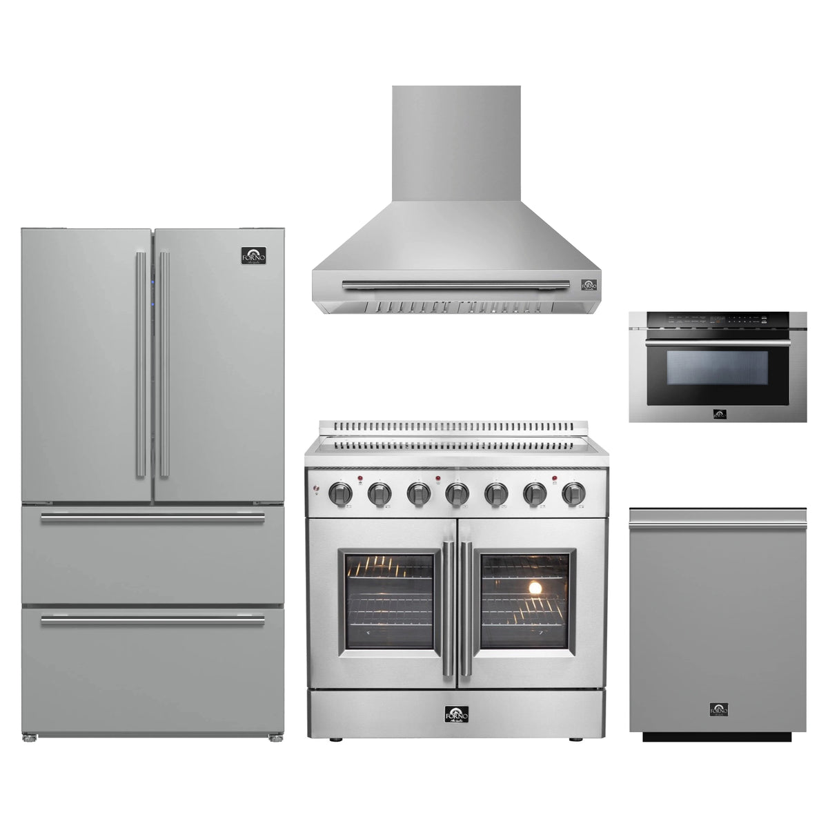 Forno 5-Piece Appliance Package - 36-Inch Galiano French Door Electric Range, Wall Mount Range Hood, 36-Inch Refrigerator, Dishwasher, and 24-Inch Microwave Drawer in Stainless Steel