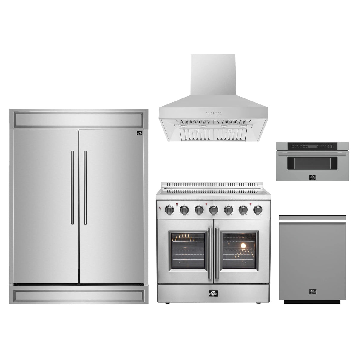 Forno 5-Piece Appliance Package - 36-Inch Galiano French Door Electric Range, Wall Mount Range Hood, 60-Inch Refrigerator, Dishwasher, and 30-Inch Microwave Drawer in Stainless Steel