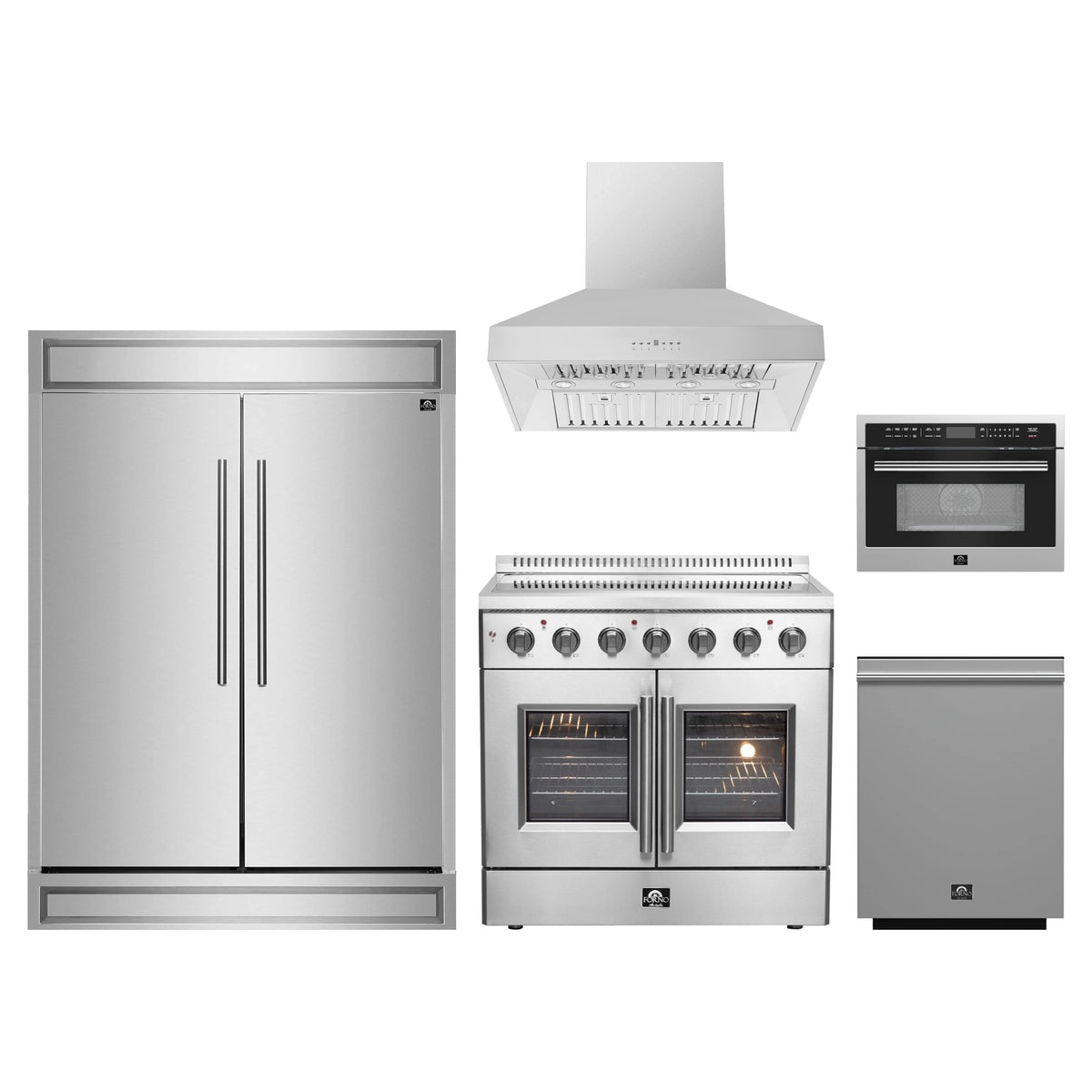 Forno 5-Piece Appliance Package - 36-Inch Galiano French Door Electric Range, Wall Mount Range Hood, 60-Inch Refrigerator, Dishwasher, and 24-Inch Microwave Oven in Stainless Steel