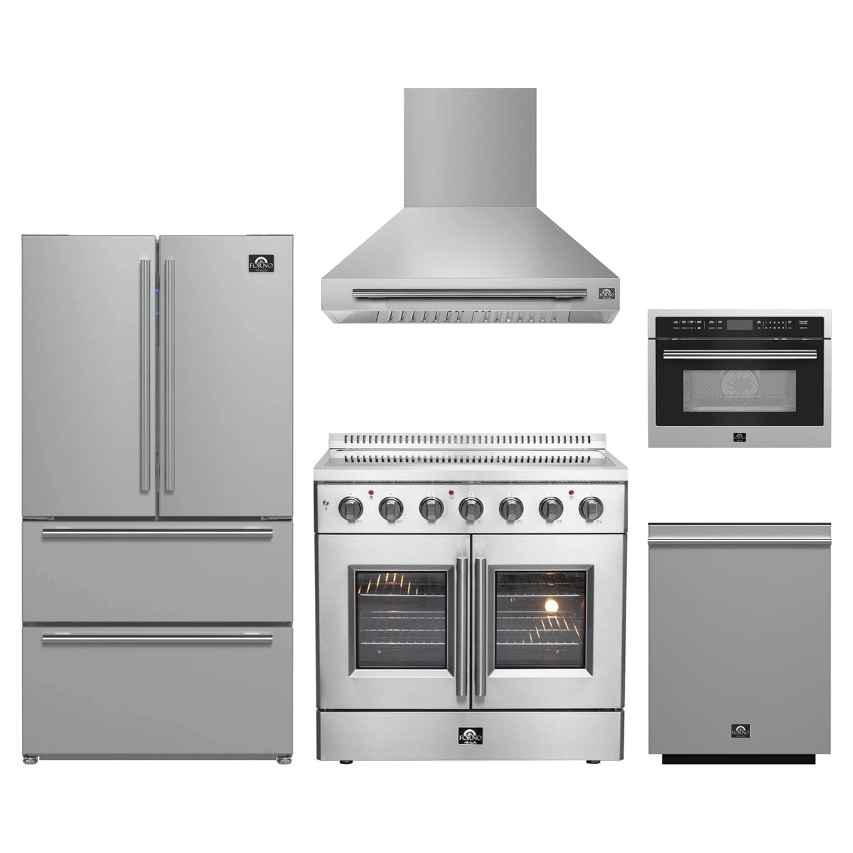 Forno 5-Piece Appliance Package - 36-Inch Galiano French Door Electric Range, Wall Mount Range Hood, 36-Inch Refrigerator, Dishwasher, and 24-Inch Microwave Oven in Stainless Steel