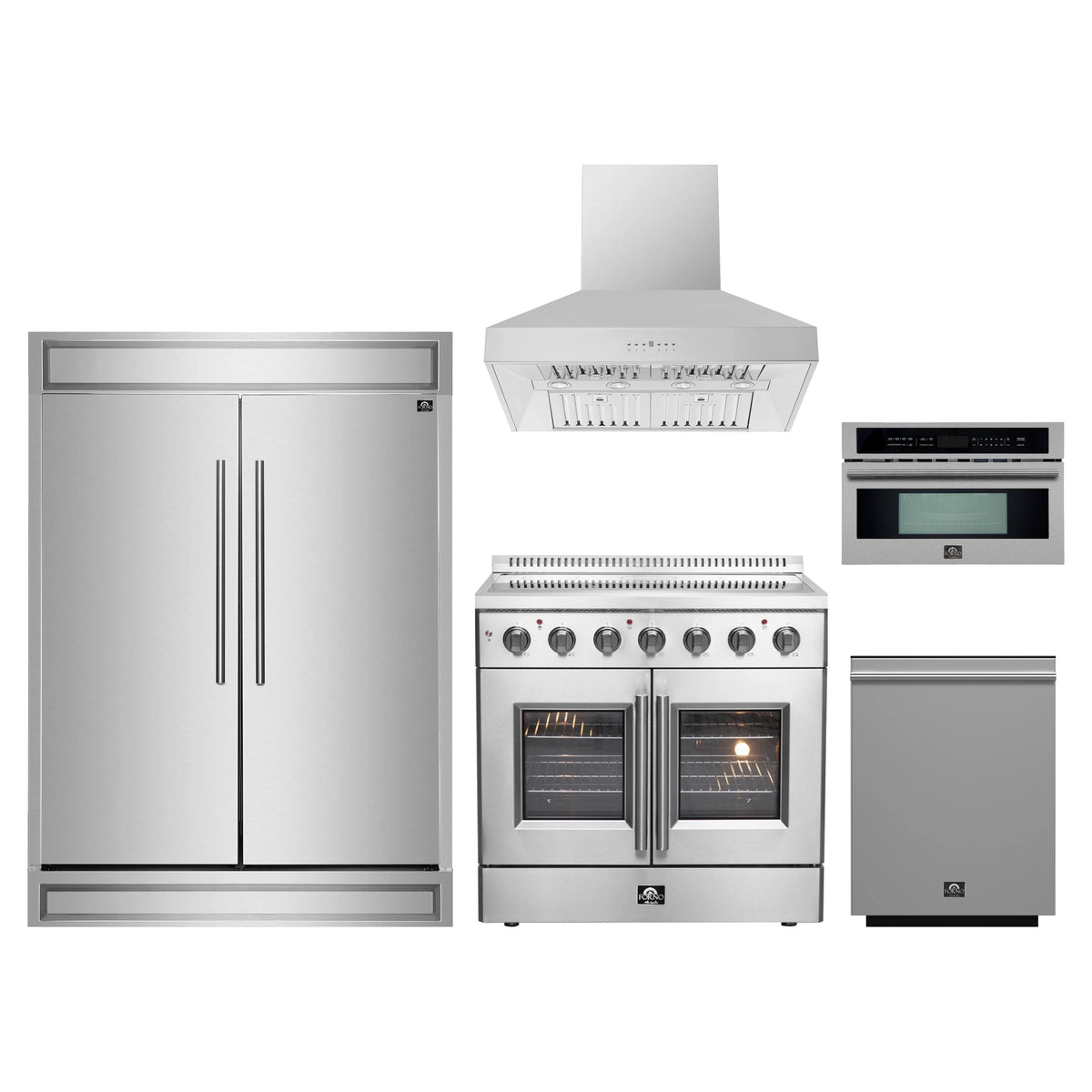 Forno 5-Piece Appliance Package - 36-Inch Galiano French Door Electric Range, Wall Mount Range Hood, 60-Inch Refrigerator, Dishwasher, and 30-Inch Microwave Oven in Stainless Steel