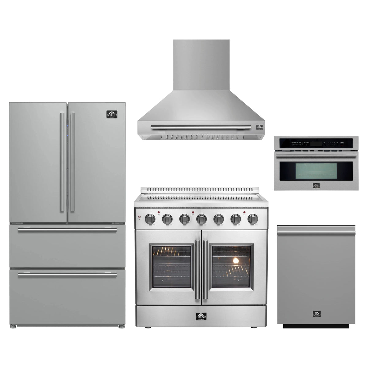 Forno 5-Piece Appliance Package - 36-Inch Galiano French Door Electric Range, Wall Mount Range Hood, 36-Inch Refrigerator, Dishwasher, and 30-Inch Microwave Oven in Stainless Steel